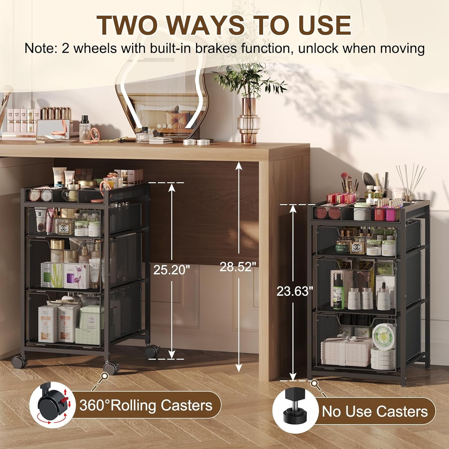 Heavy Duty Metal Rolling Makeup Cart Organizer with 3 Drawers, Premium Skincare Storage Utility Cart with DIY Divider... - Image 2