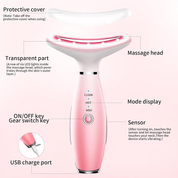Neck Face Massager, Skin Care Face Massage Tool, 3-in-1 Facial Massager, Face Sculpting Tool with Thermals, Vibration (Pink) - Image 2