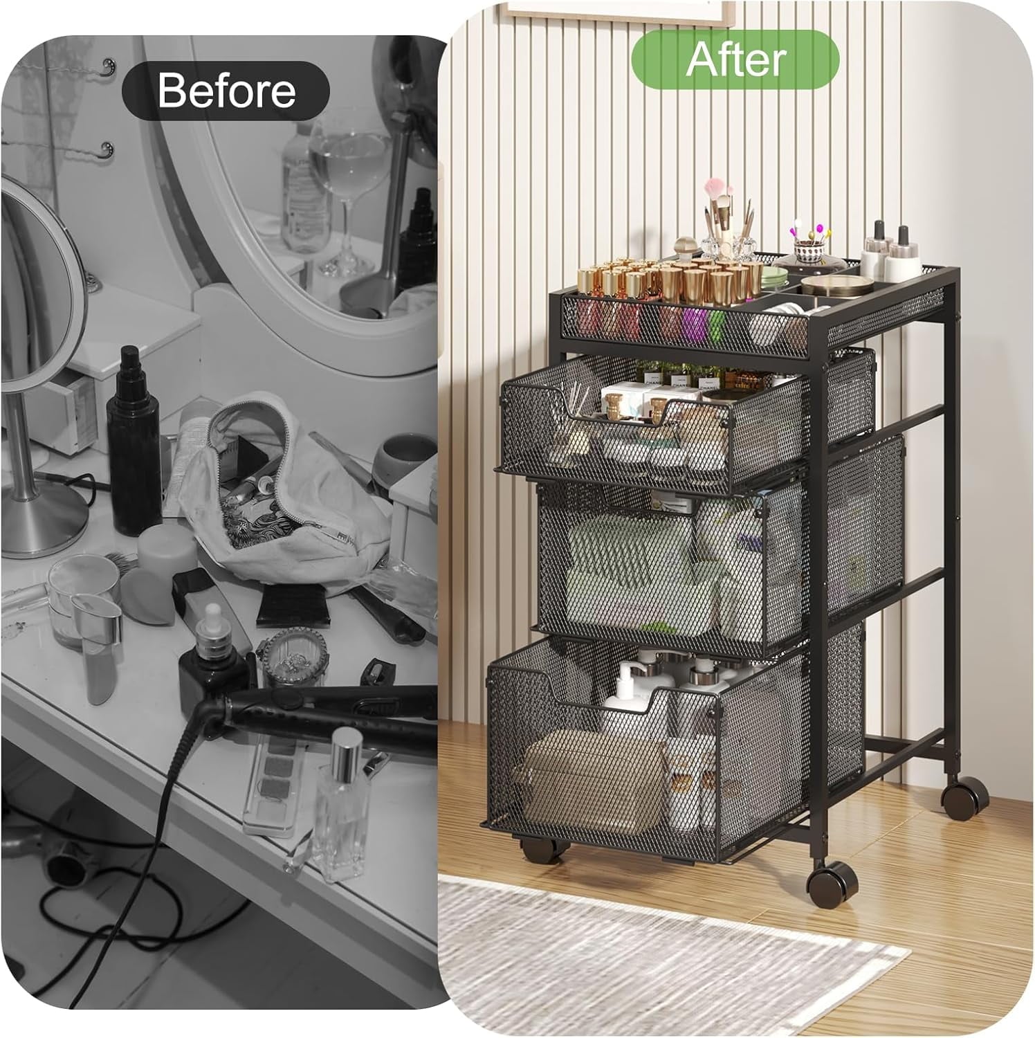 Heavy Duty Metal Rolling Makeup Cart Organizer with 3 Drawers, Premium Skincare Storage Utility Cart with DIY Divider... - Image 3