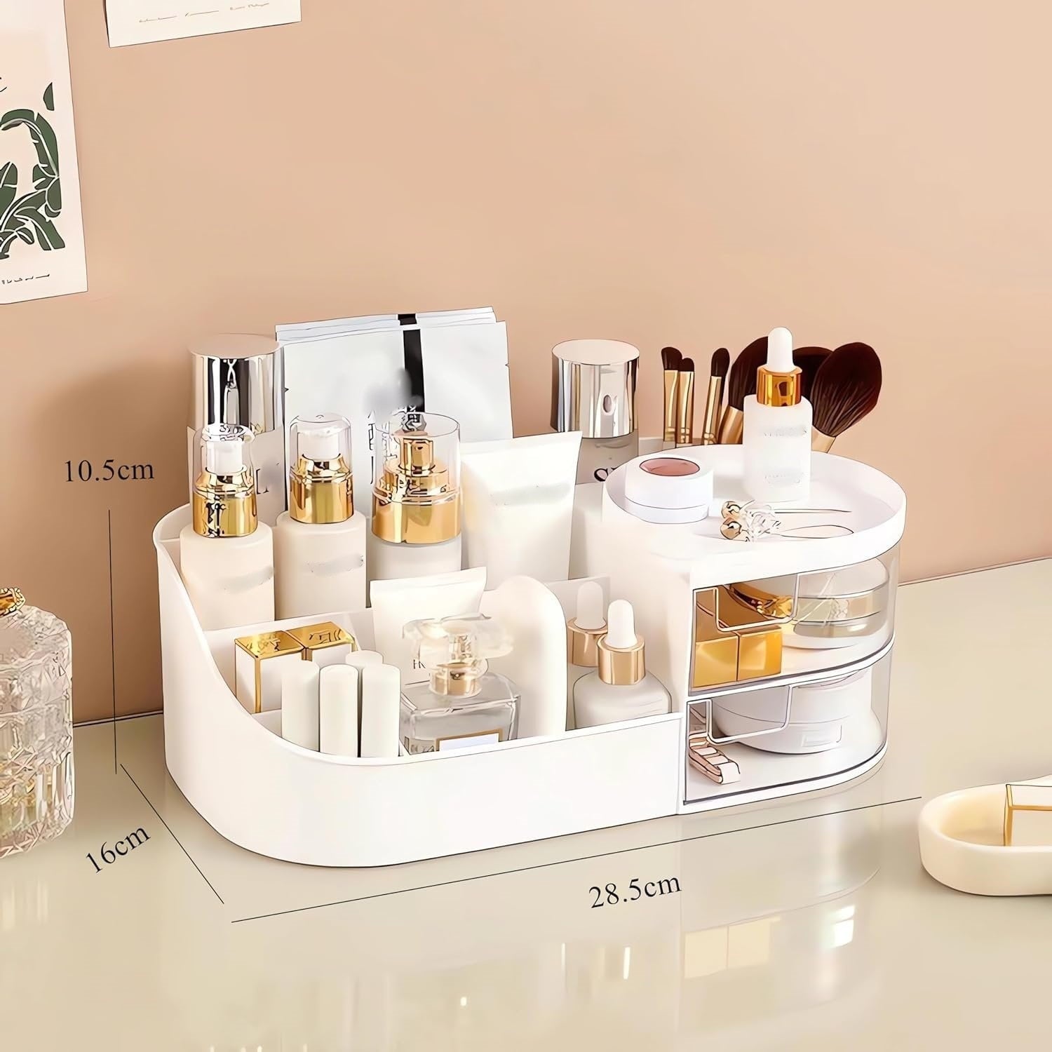 Makeup Organizer Countertop with 2 Drawer,Medium Capacity Skincare Cosmetic Cases for Vanity Bathroom Desktop, Cream ... - Image 2