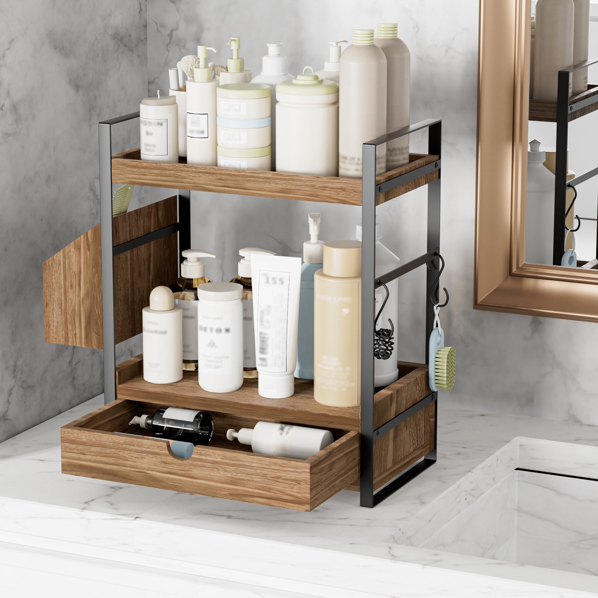 2-Tier Bathroom Counter Organizer with Drawer and Basket, Wood Countertop Organizer for Storage, Skincare Organizers ... - Image 6