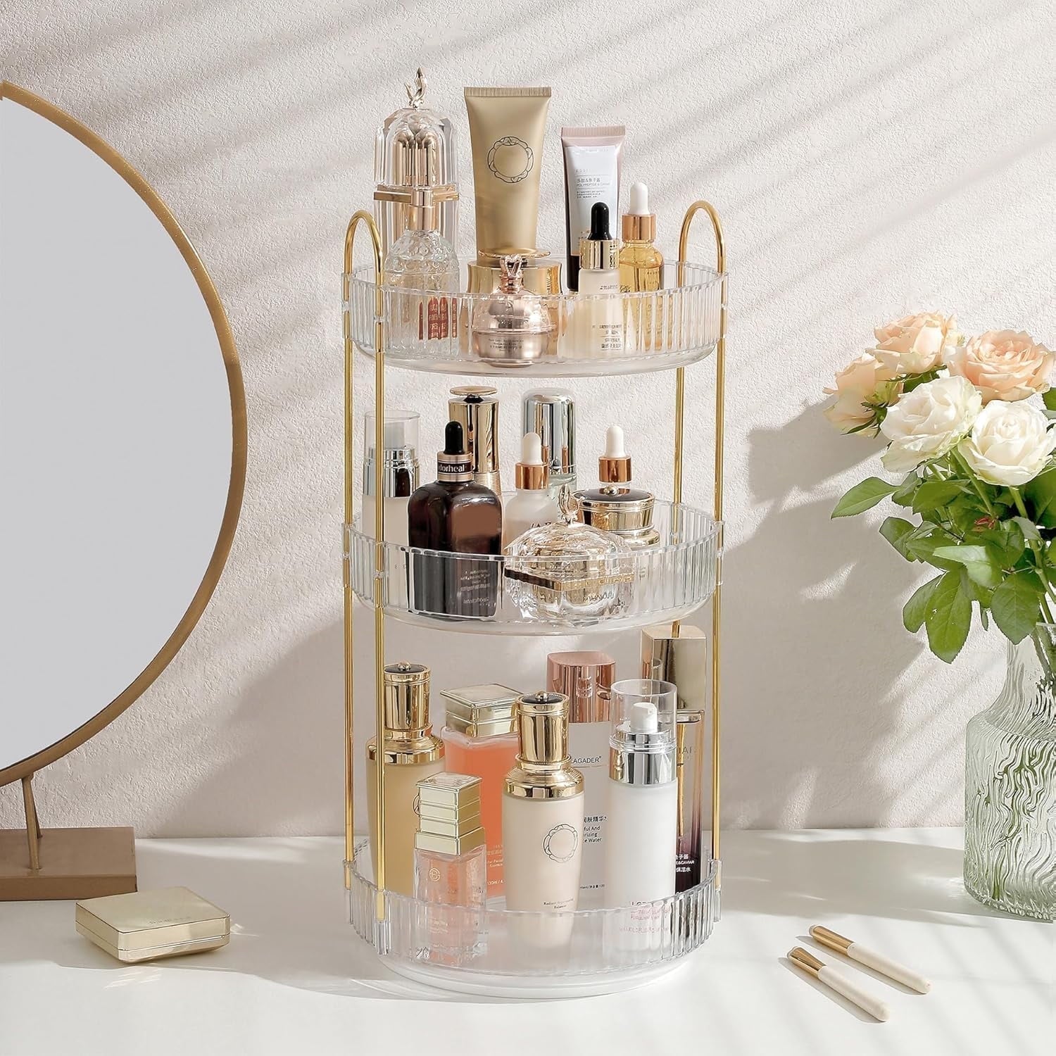 RYLZX 360Rotating Makeup Organizer for Vanity, 3 Tier Perfume Skincare Organizers and Storage for Bathroom Countertop, Clear Spinning Counte - Image 2