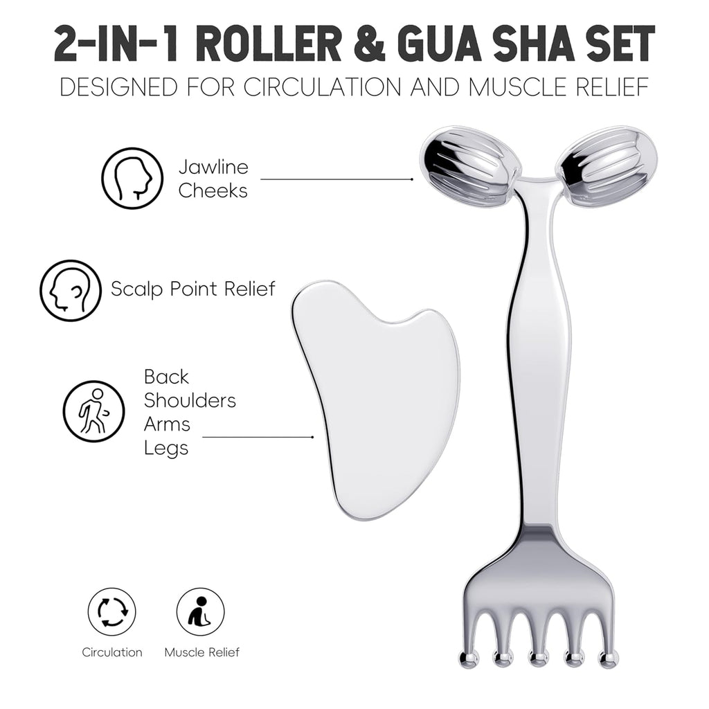 Pain Relief Massage Tool Set Stainless Steel Gua Sha Scraper & Dual-Ended Face Roller for Muscle Tension, Circulation... - Image 2