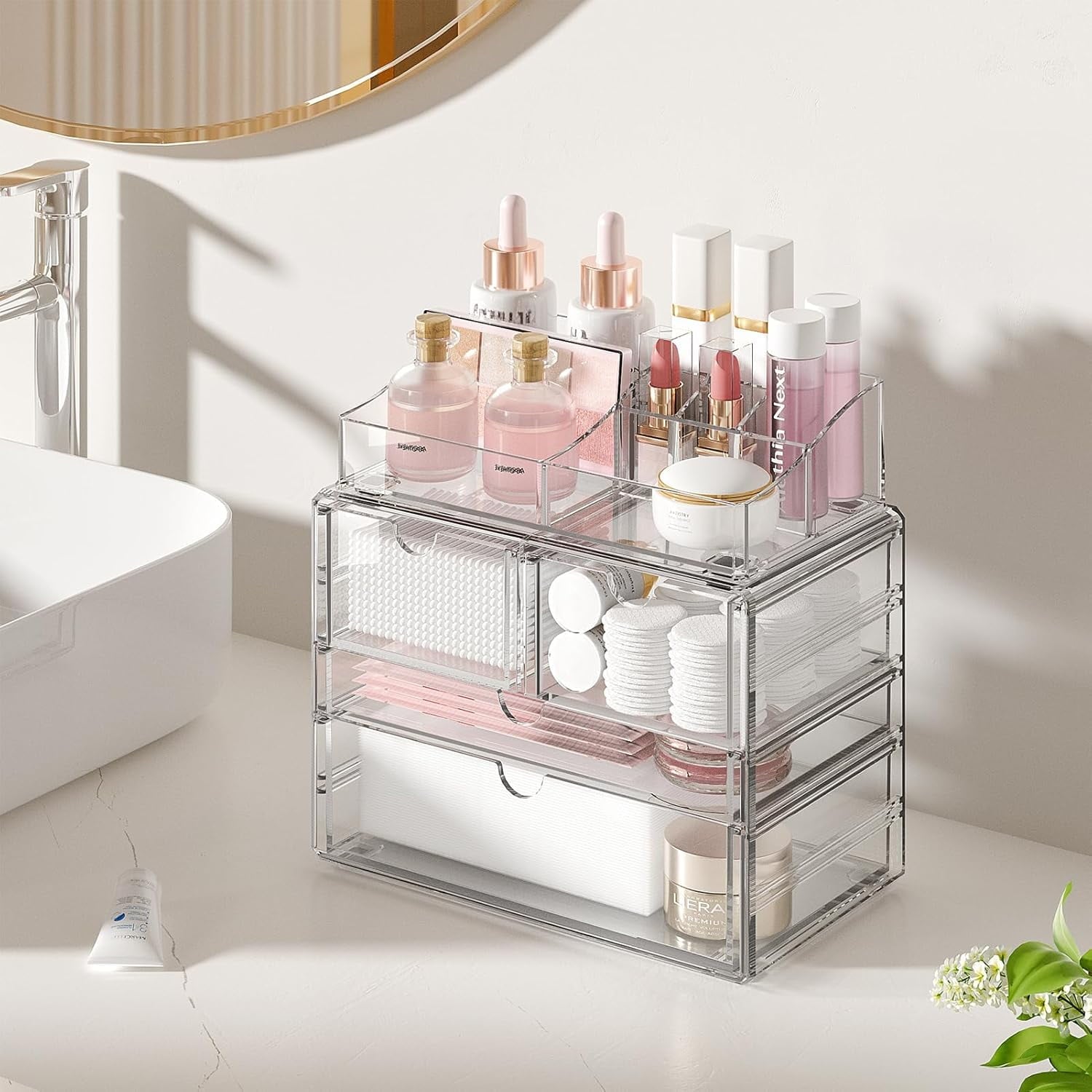 4-Tier Clear Makeup Organizer, Delamu Thick Acrylic Box Organizer, Cosmetics Storage Box, Bathroom Organizer - Image 3