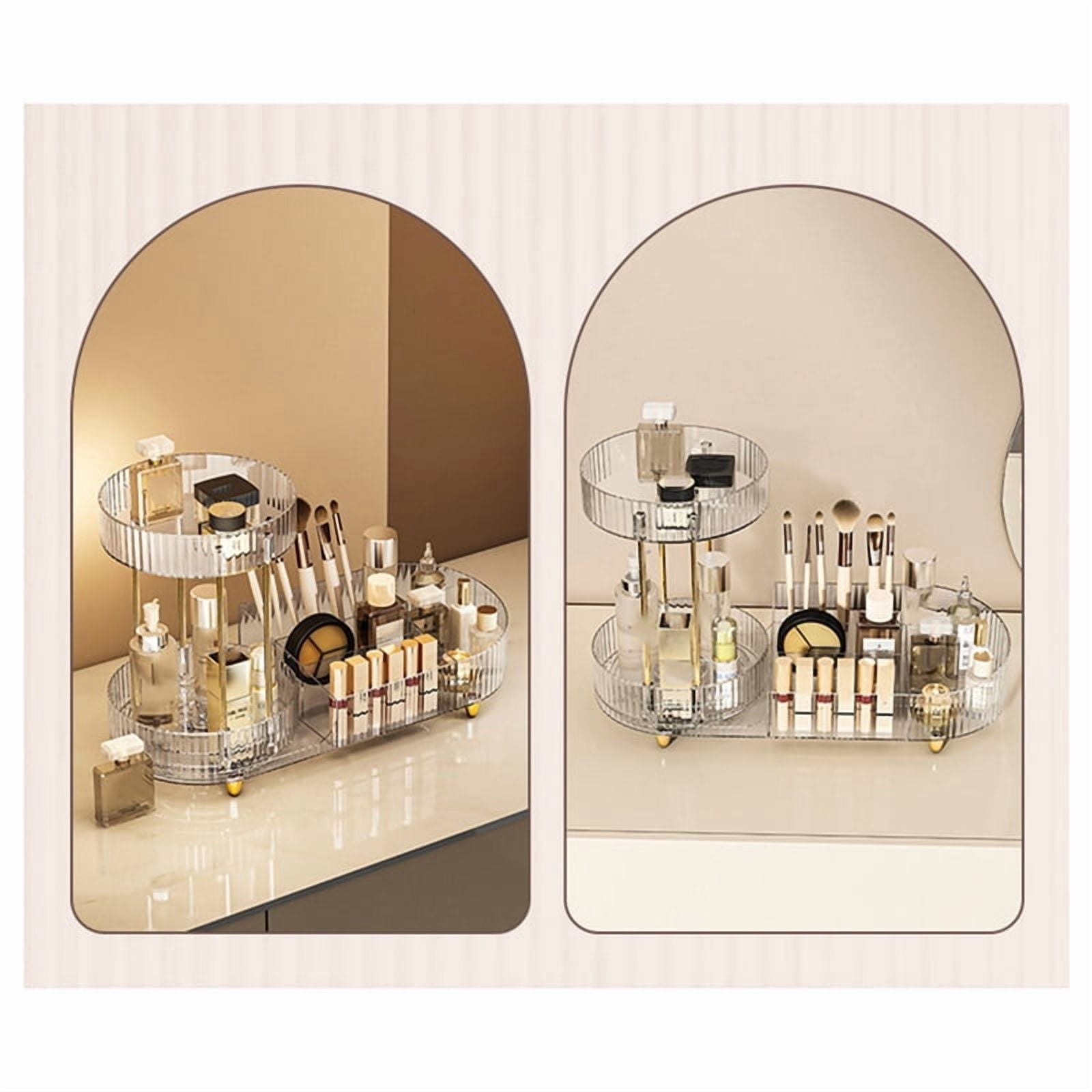 Rotating Makeup Organizer for Vanity, 2 Tier Perfume Cosmetic Skincare Organizers with Makeup Brush Holder Transparent - Image 5