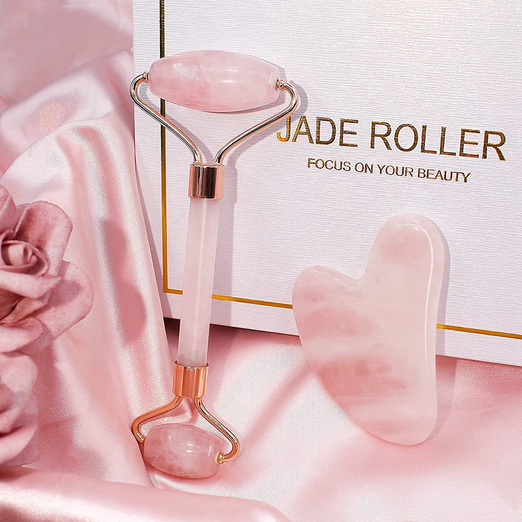 100% Natural Roller For Face Skin Care&Authentic Rose Quartz Gua Sha Facial Massager,Beauty Tools For Anti Aging,Eye Puffiness Treatment,Rem