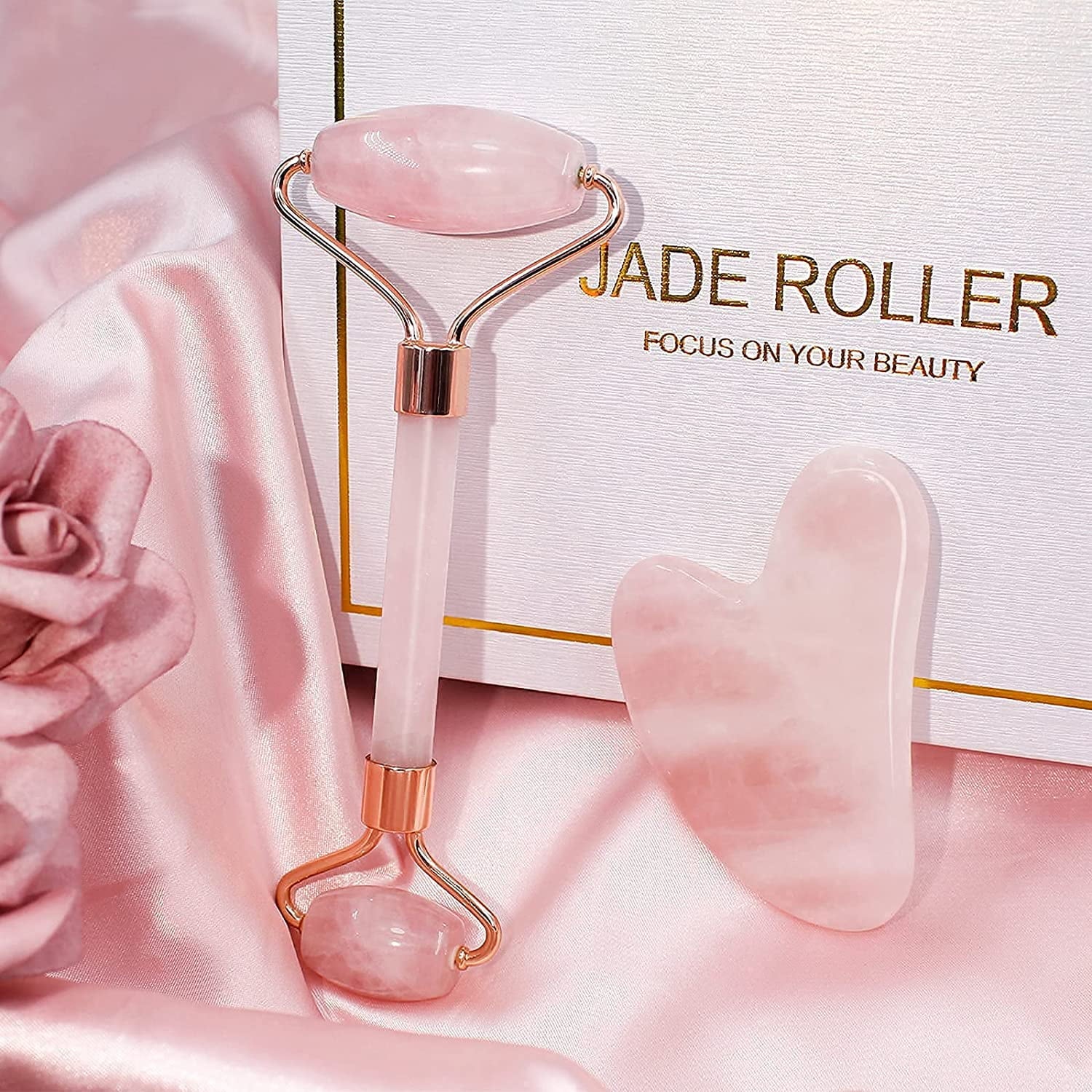 100% Natural Roller For Face Skin Care&Authentic Rose Quartz Gua Sha Facial Massager,Beauty Tools For Anti Aging,Eye Puffiness Treatment,Rem