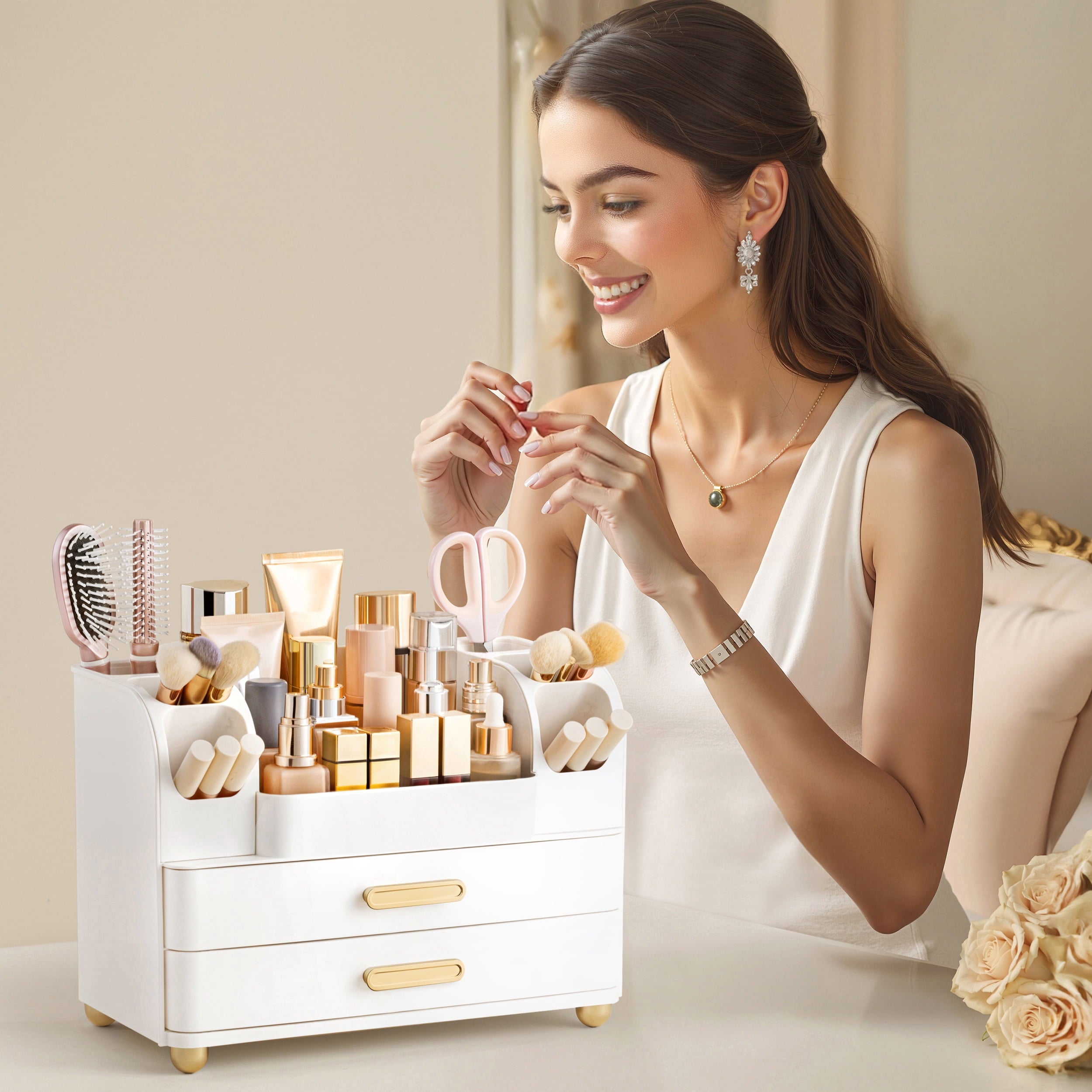 HBlife Makeup Organizer for Vanity with Brush Holder, Large Bathroom Countertop Cosmetic Organizer, All White - Image 6