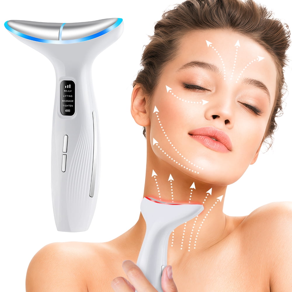 Face Massager Tool,3-in-1 Facial & Neck Beauty Tool with LED Light, Gentle Heat, and Vibration Functions (White) - Image 2