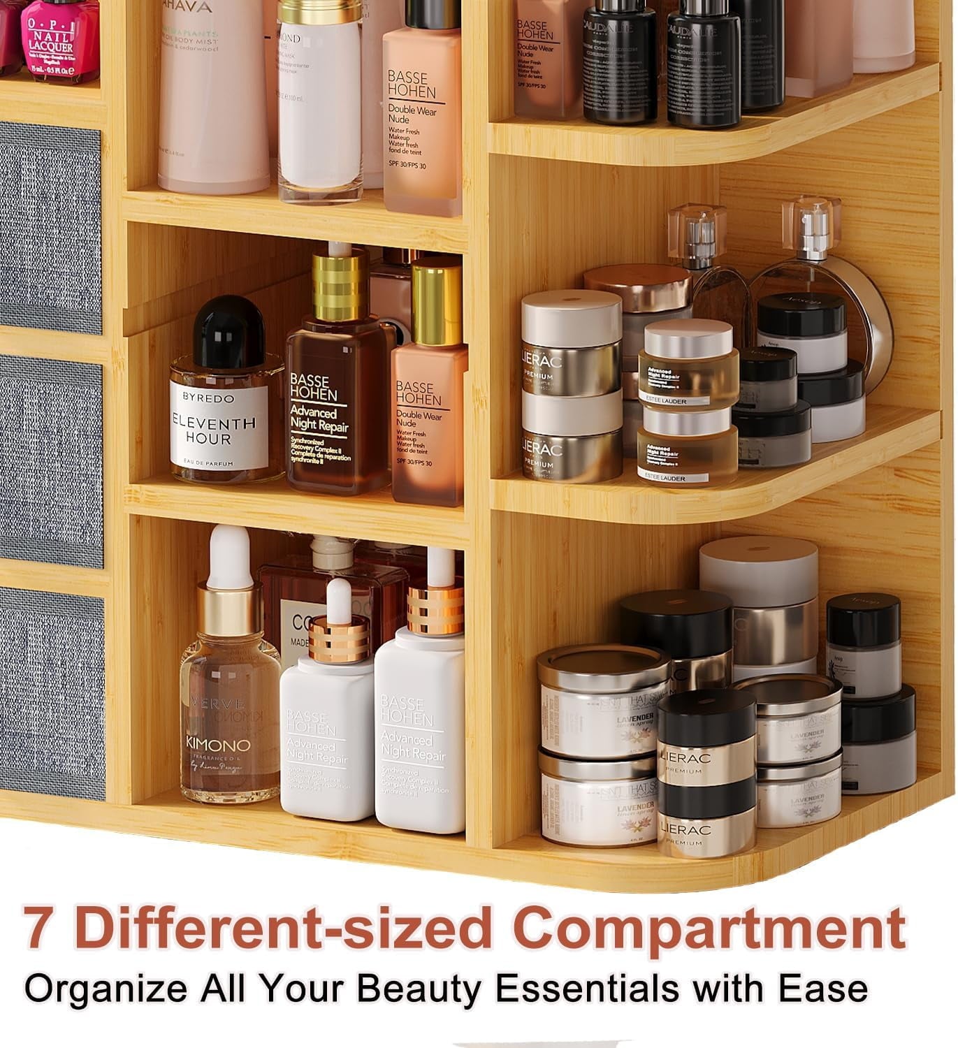 X- Large Bamboo Makeup Organizer for Vanity, 3-Tier Cosmetic Skincare Countertop Storage with 3 Drawers, 3 Brush Hold... - Image 5