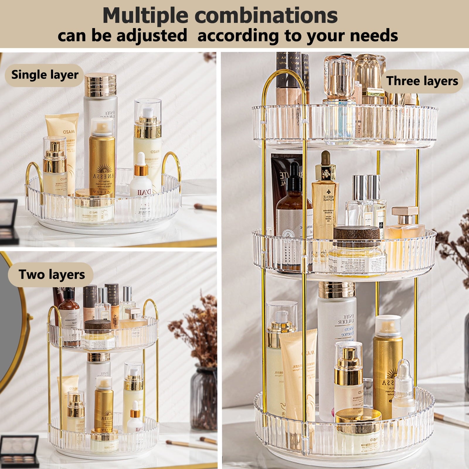 Makeup Organizer for Vanity, 3 Tier 360 Rotating Makeup Perfume Organizer for Dresser, Large Capacity Cosmetics Skinc... - Image 5