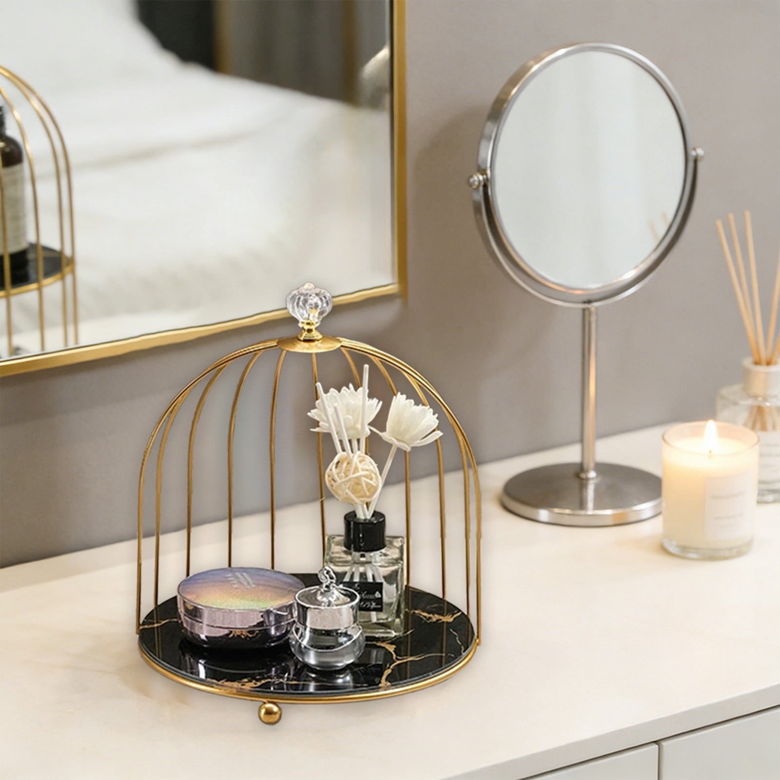Iron Two Tier Bathroom Cosmetic Organizer for Desktop Lipstick Skincare Rack Cage Inspired Structure with Stones Patt... - Image 3