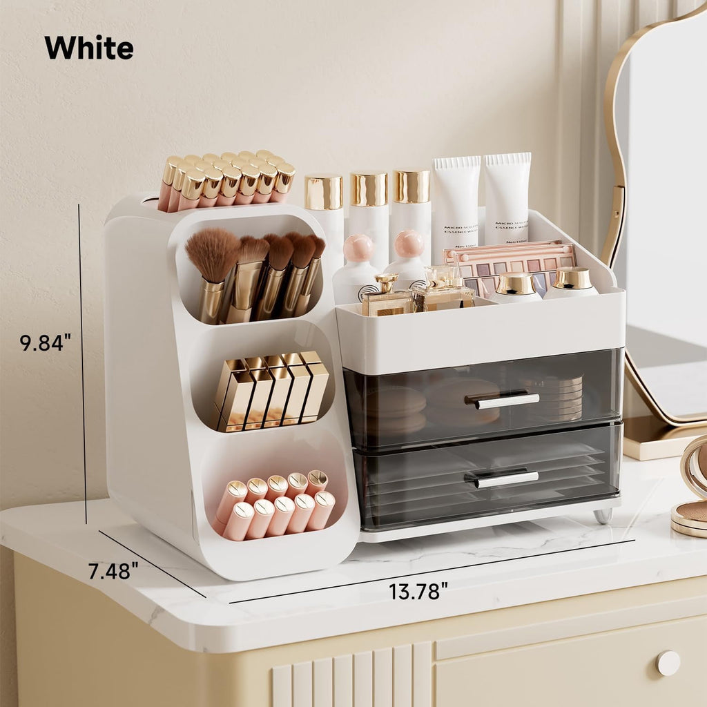 Makeup Organizer with Brush Holder, Countertop Organizer with 2 Drawers for Beauty Essential, Skincare, Lipstick - Image 5