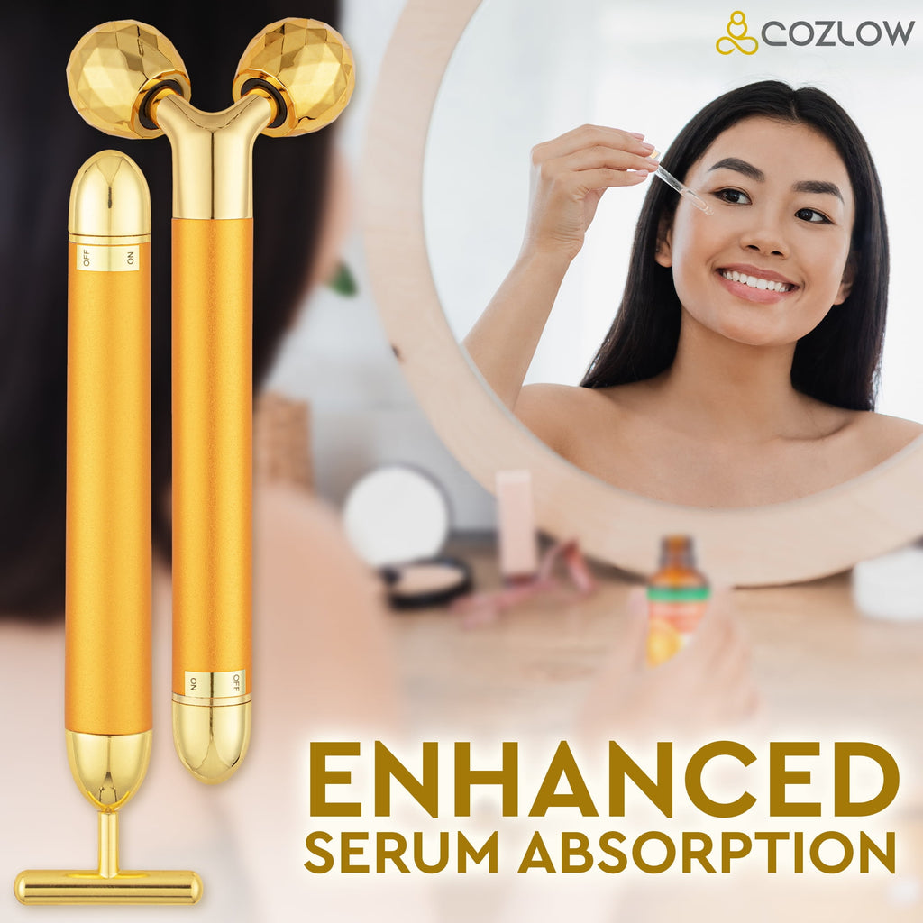 Electric Face Massager Kit for Women, 2-in-1 Vibrating Golden 3D Roller & T-Shape Massager for Facial Skin Care - Image 4