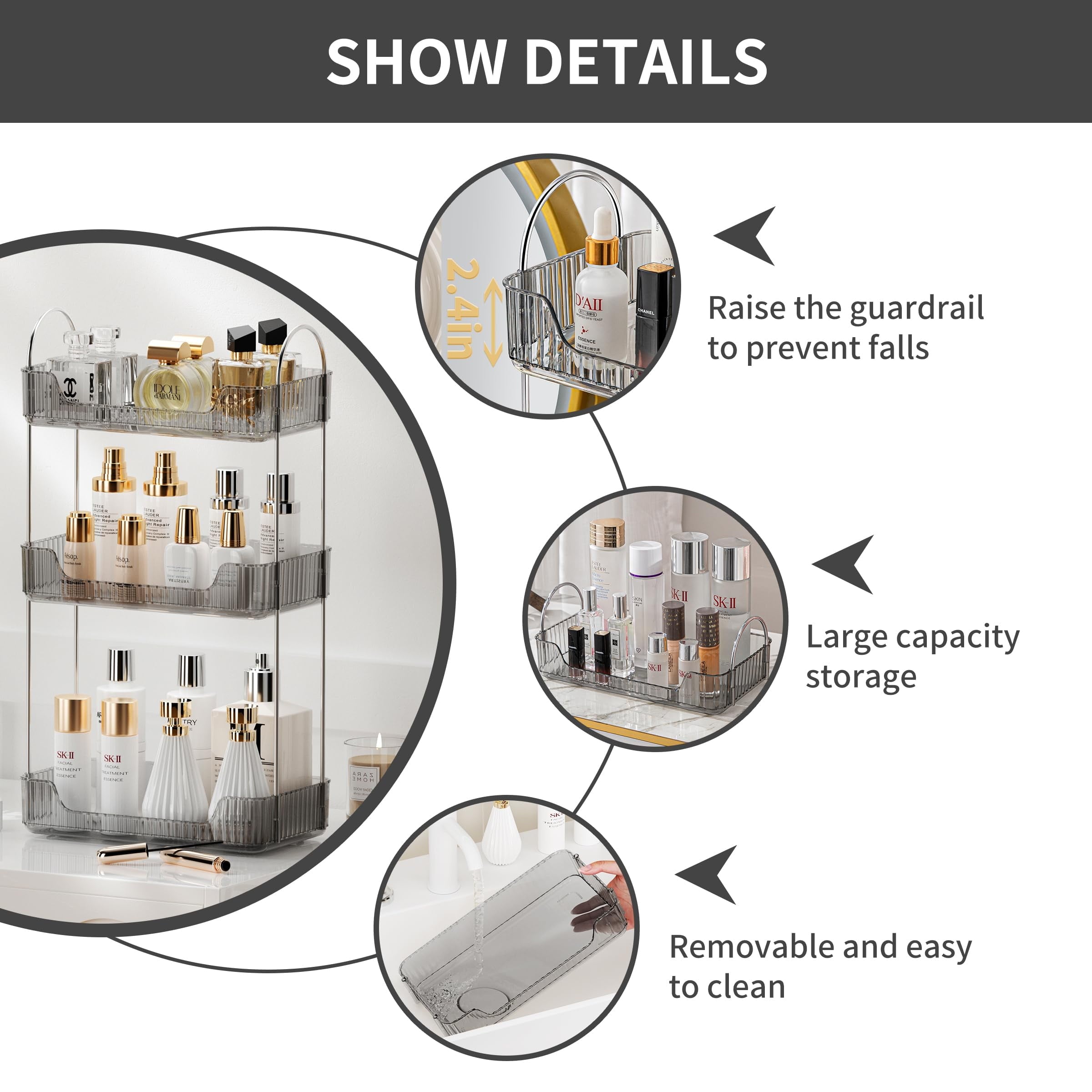 3 Tier Bathroom Organizer Countertop Makeup Perfume Tray Skincare Organizer for Bathroom Dresser Vanity (Grey) - Image 5