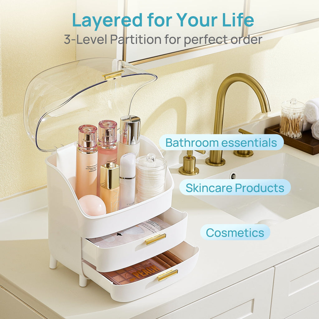 3-Tier Makeup Organizer with Drawers and Lid, Waterproof & Dustproof Skincare Organizers for Vanity and Bathroom Coun... - Image 6