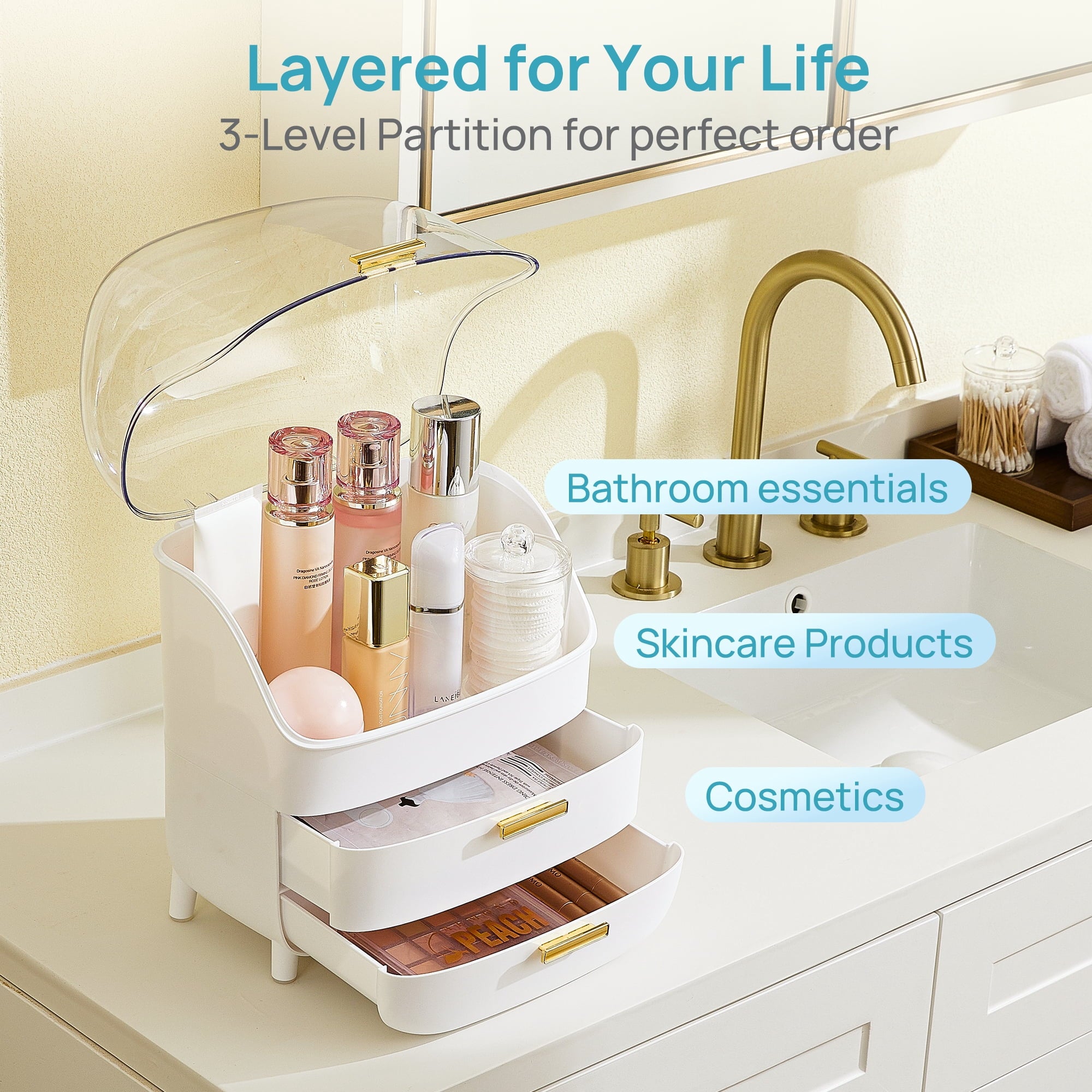 3-Tier Makeup Organizer with Drawers and Lid, Waterproof & Dustproof Skincare Organizers for Vanity and Bathroom Coun... - Image 6