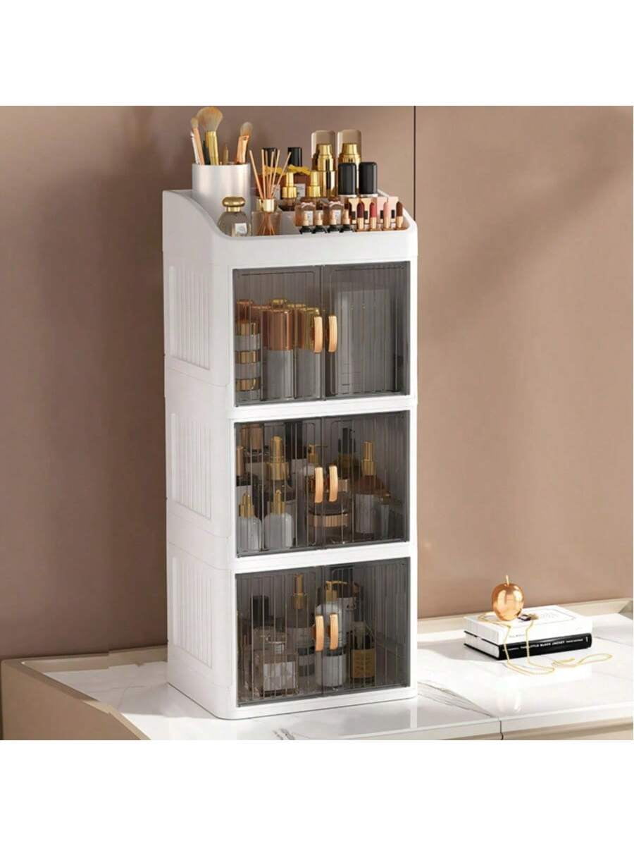 1pc Storage Box, Foldable & Sliding Door Design, Clear Cover Cosmetic Display Cabinet, Large Capacity Skincare & Cosm...