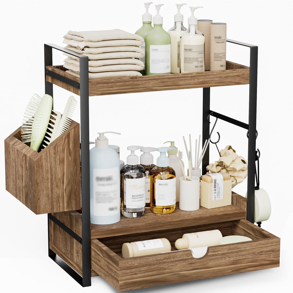 2-Tier Bathroom Counter Organizer with Drawer and Basket, Wood Countertop Organizer for Storage, Skincare Organizers ...