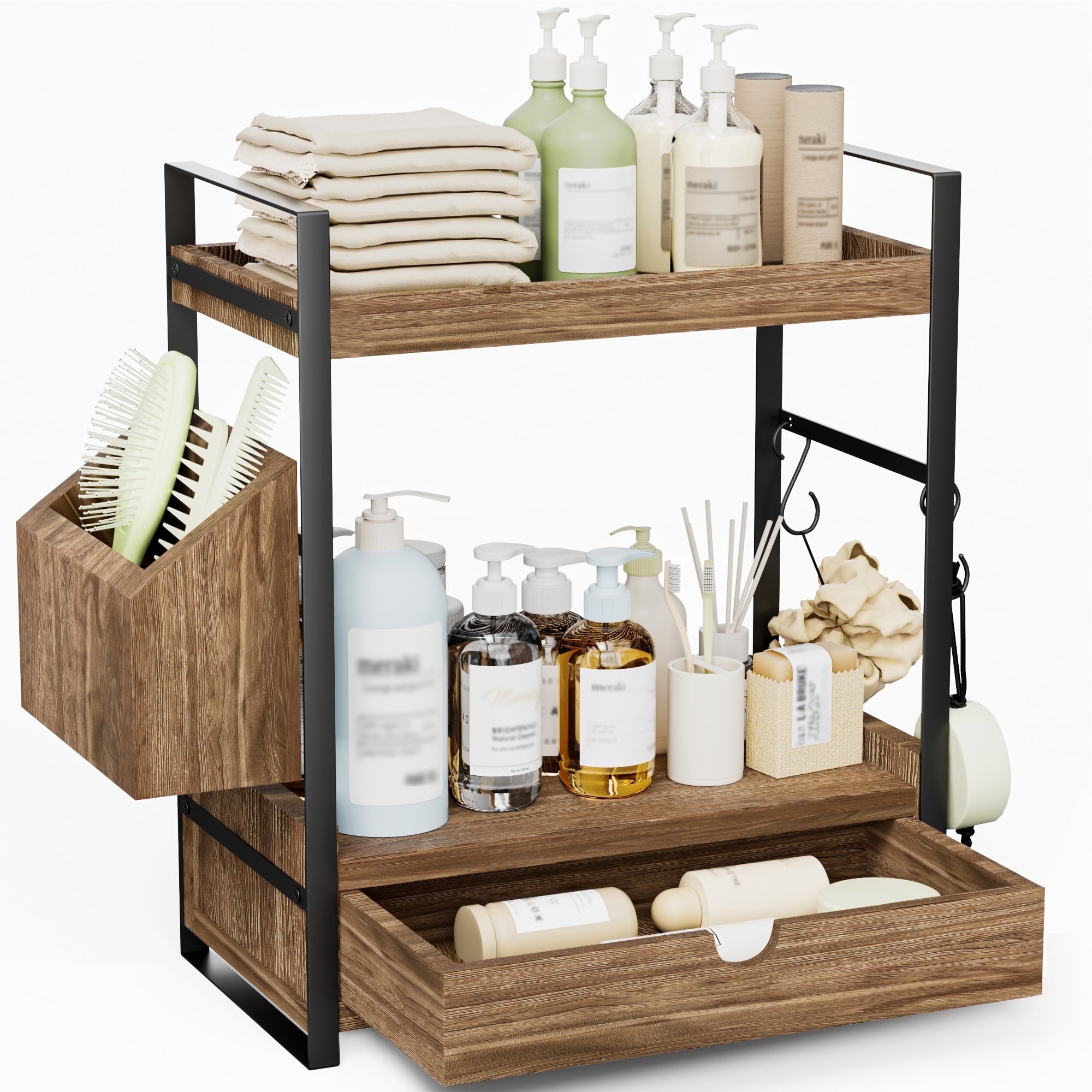 2-Tier Bathroom Counter Organizer with Drawer and Basket, Wood Countertop Organizer for Storage, Skincare Organizers ...