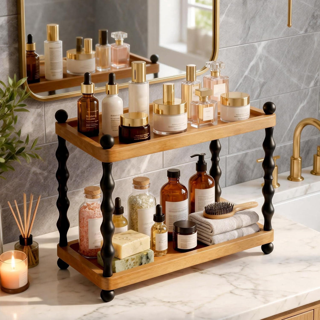 2-Tier Bathroom Counter Organizer , Wood Countertop Organizer for Storage, Skincare Organizers for Vanity, Counter Sh...