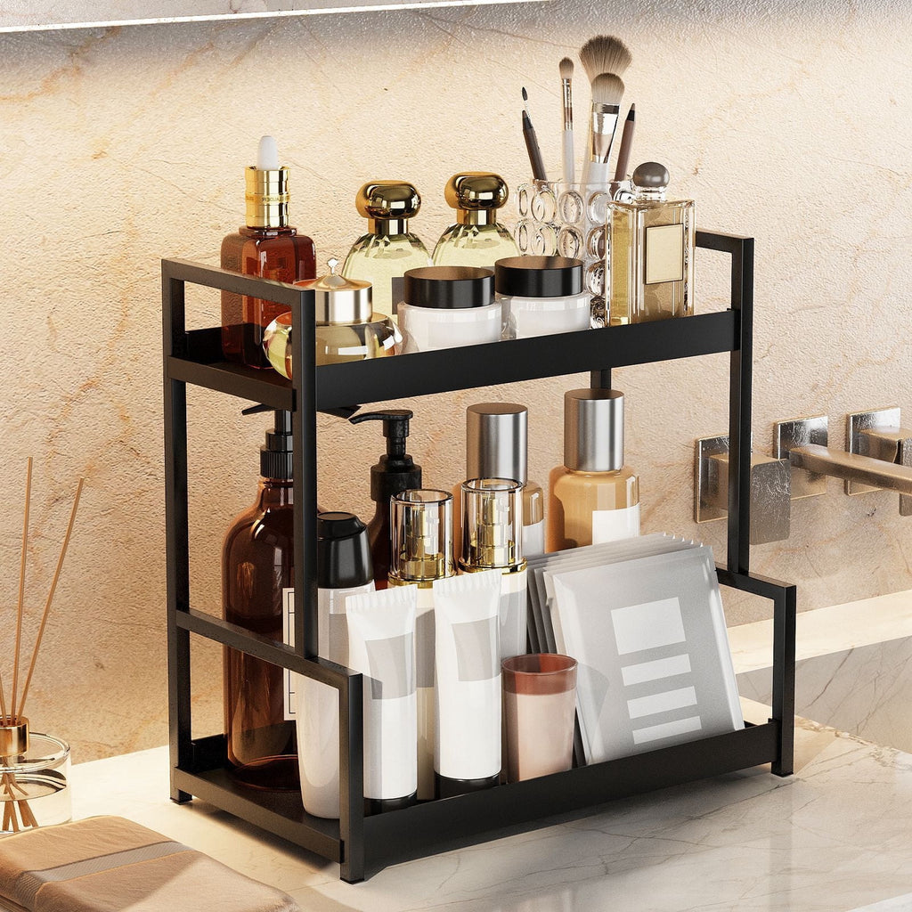 2-Tier Black Bathroom Counter Organizer - Skincare Cosmetic Display Tray For Perfume, Makeup, Bathroom, Kitchen Counters, Under Sinks, Vanit
