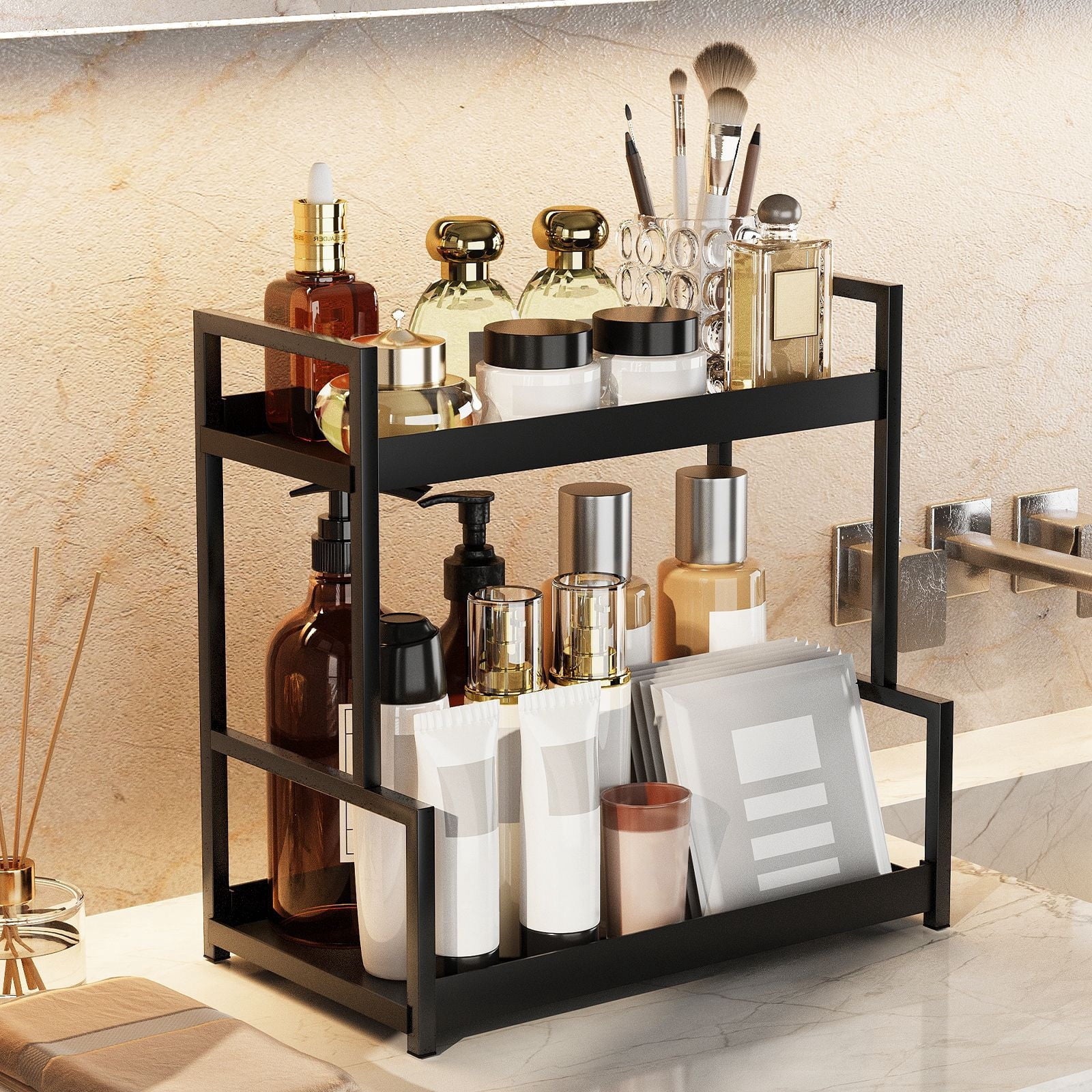 2-Tier Black Bathroom Counter Organizer - Skincare Cosmetic Display Tray For Perfume, Makeup, Bathroom, Kitchen Counters, Under Sinks, Vanit