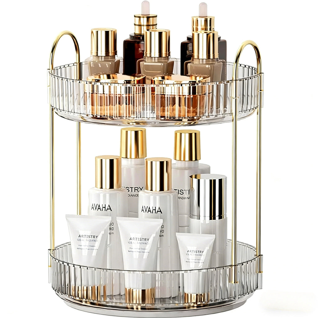 2-Tier Organizer, 360 Spinning Skincare Storage Tray, Clear Acrylic Cosmetic Vanity Tray with Gold Frame, Large Capac...