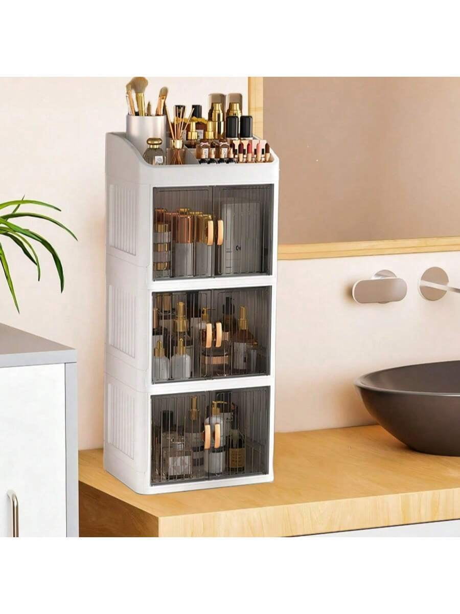 1pc Storage Box, Foldable & Sliding Door Design, Clear Cover Cosmetic Display Cabinet, Large Capacity Skincare & Cosm... - Image 2