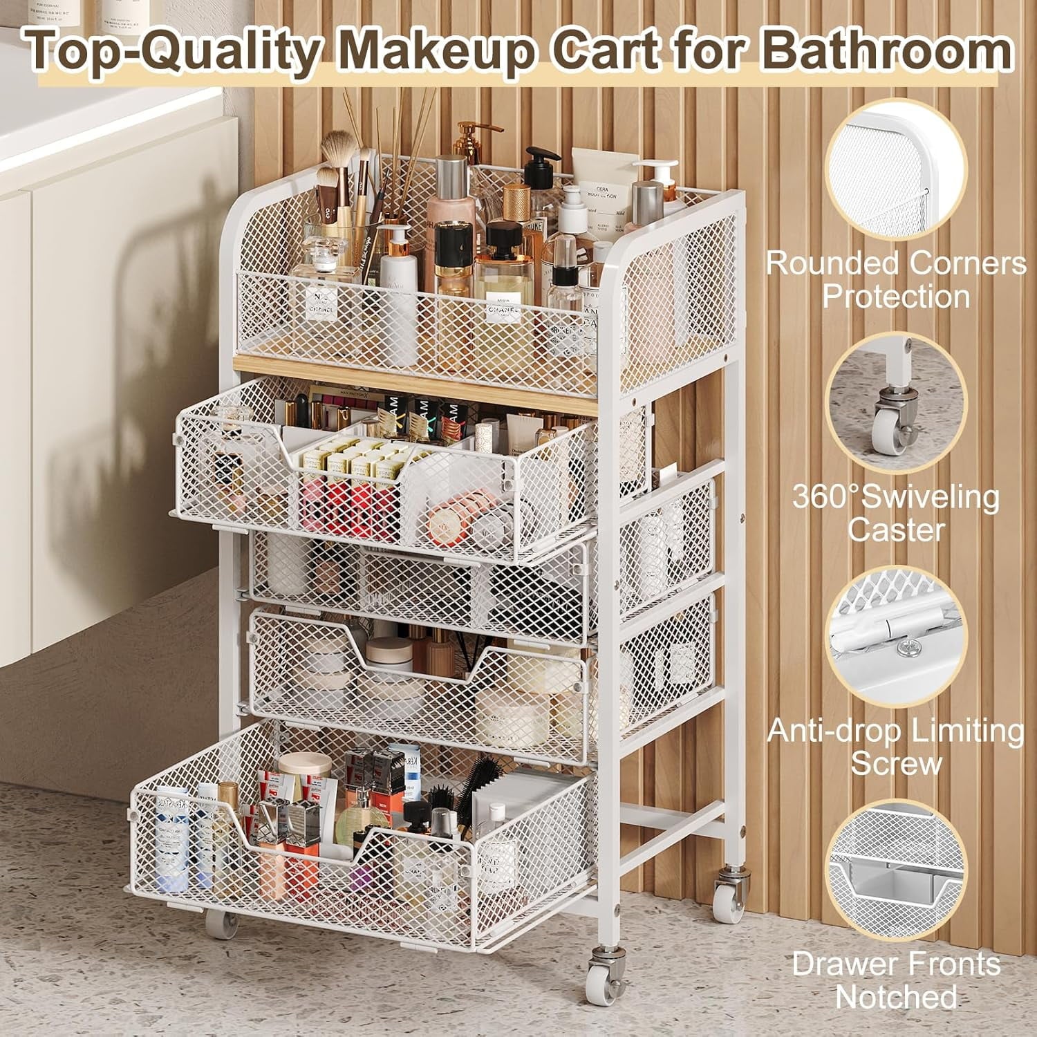 Rolling Makeup Cart Organizer with 4 Drawers, Floor Skincare Organizers with Wheels, Cosmetics Display Cases, Storage... - Image 4