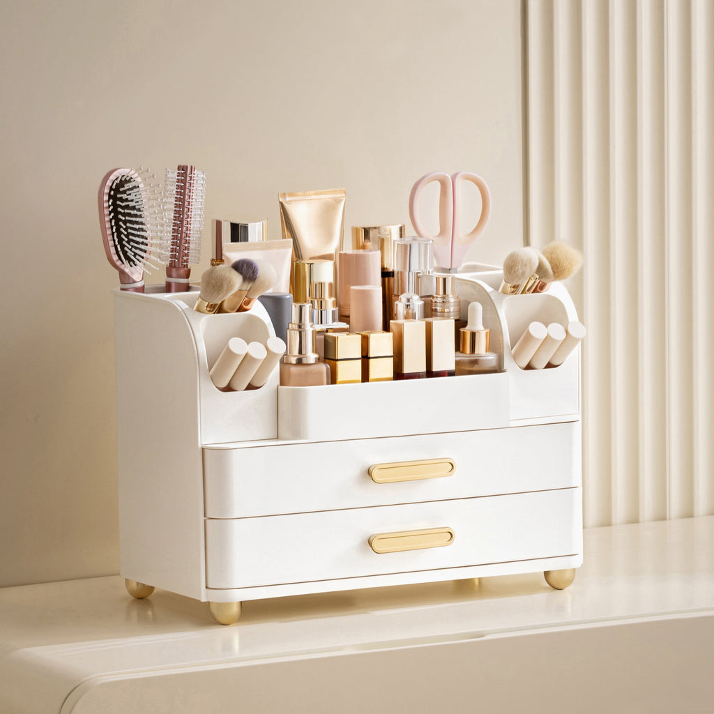 HBlife Makeup Organizer for Vanity with Brush Holder, Large Bathroom Countertop Cosmetic Organizer, All White - Image 3