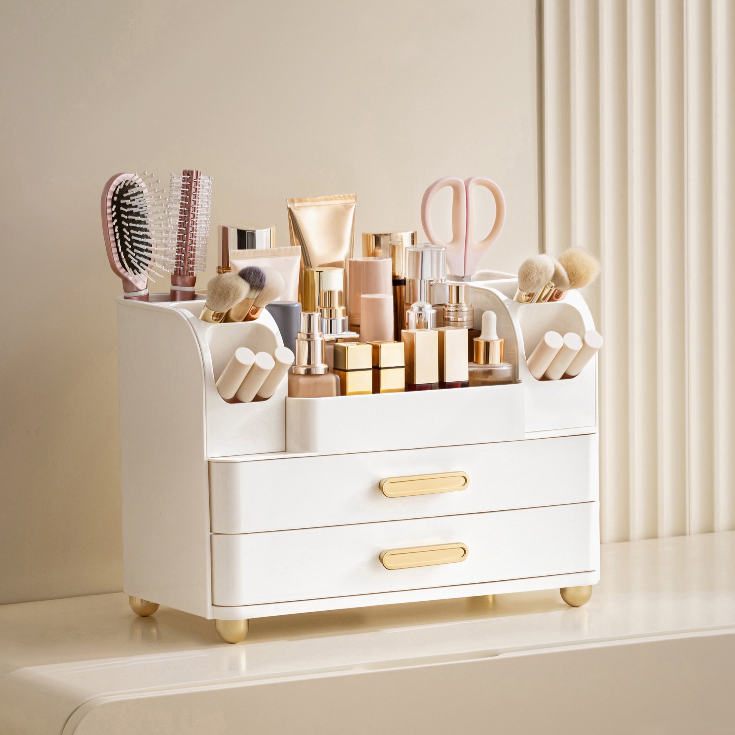 HBlife Makeup Organizer for Vanity with Brush Holder, Large Bathroom Countertop Cosmetic Organizer, All White - Image 3