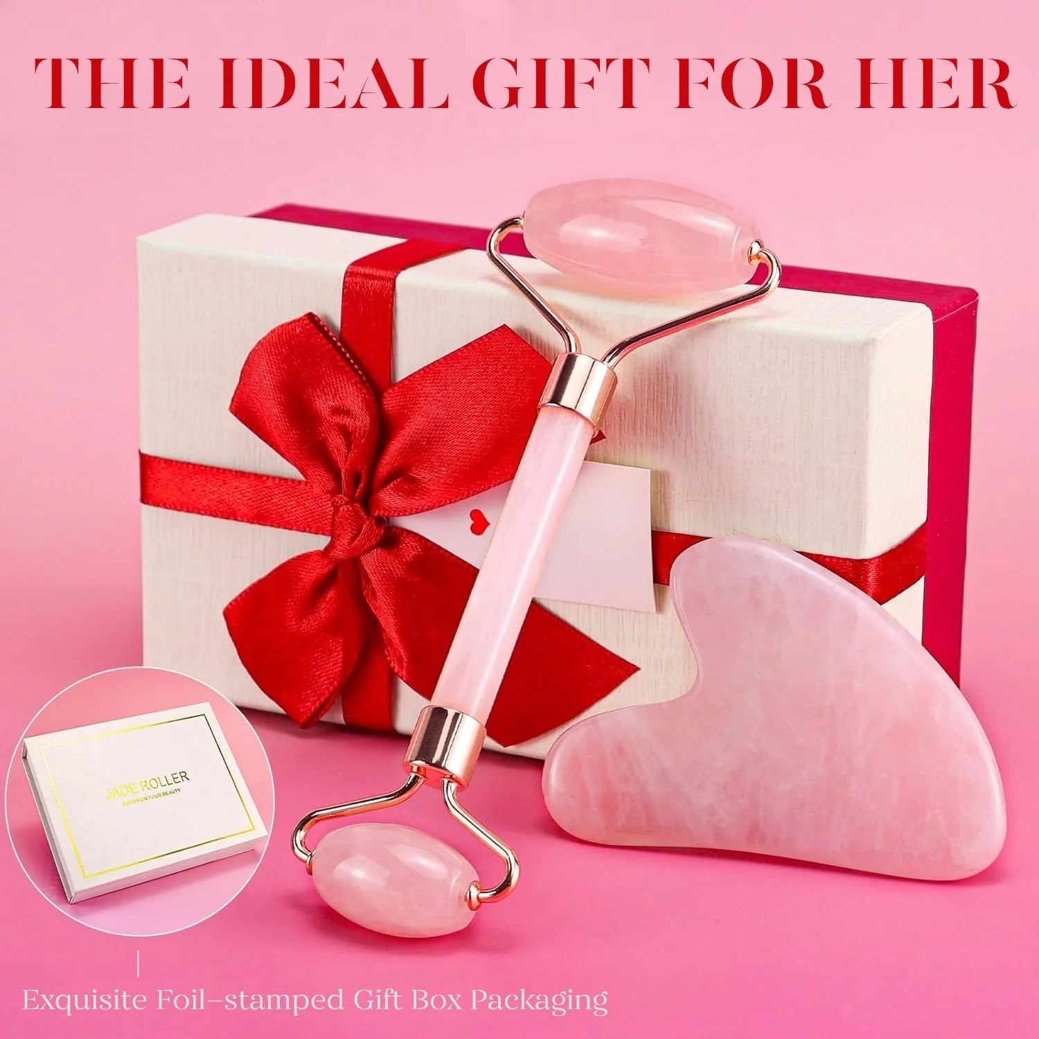 Jade Roller & Gua Sha Set – Rose Quartz Facial Massager for Reducing Redness, Fine Lines & Wrinkles, Perfect Self-Care Gift - Image 2