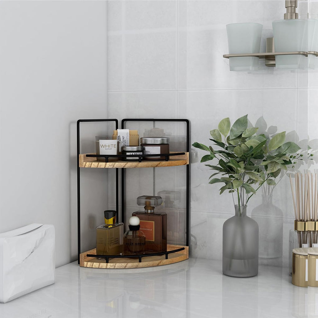 2 Tier Wood Corner Shelf for Bathroom Vanity Countertop Brown Space Saving Organizer for Skincare Makeup and Toiletries - Image 5