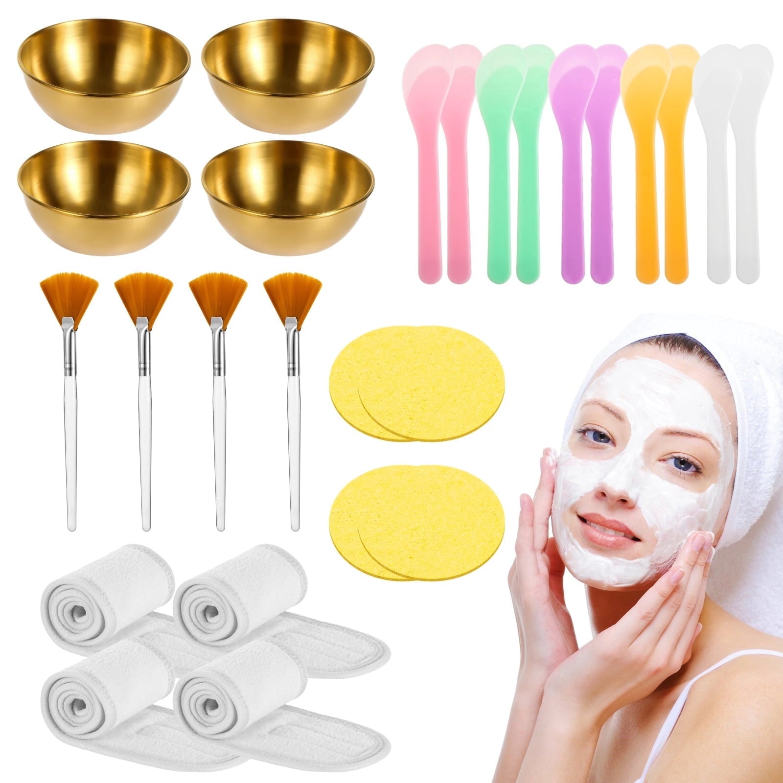 26 Pcs Esthetician Supplies Set – Golden Stainless Steel Mixing Bowls, Plastic Spatulas, Facial Fan Brushes, Headband...
