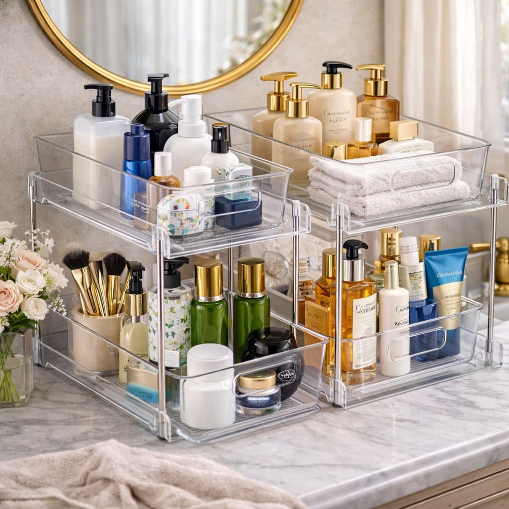 Sorbus 2-Tier Pull-Out Vanity Organizer, 2-Pack Clear Makeup & Skincare Storage Drawers - Image 2