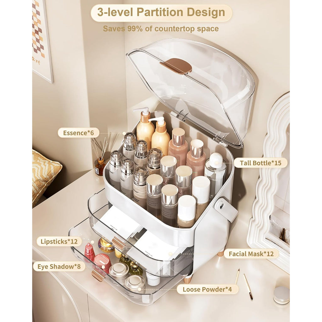 Acrylic Waterproof Makeup Organizer with 3 Compartments, Best mom gift makeup storage, Gold - Image 3