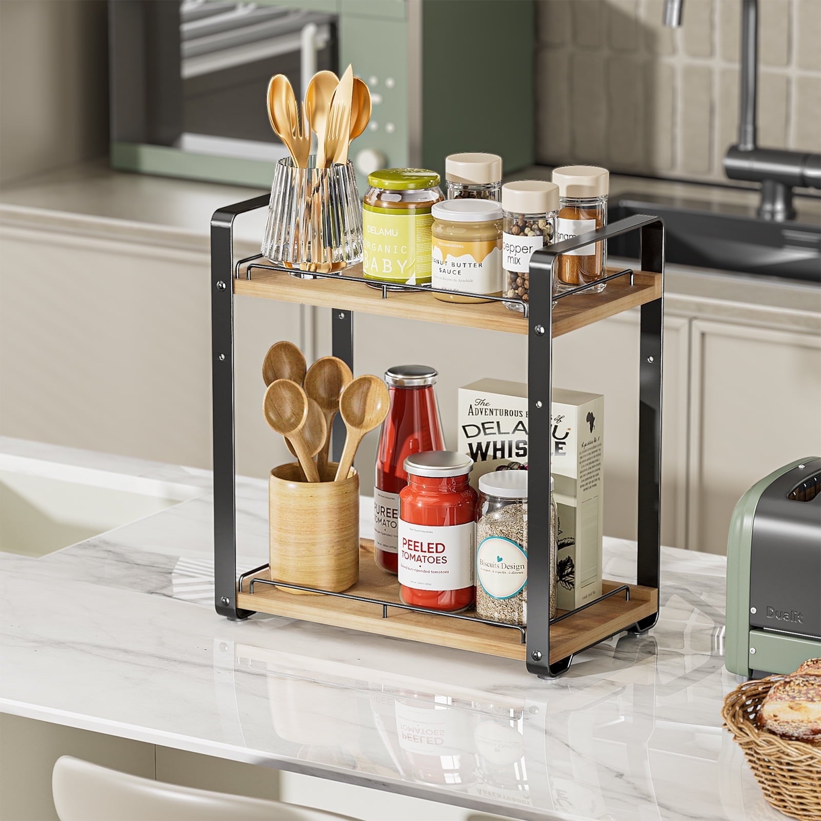 2-Tier Bathroom Counter Organizer, Metal Wood Make up Organizer for Bathroom Storage, Countertop Skincare Organizers ... - Image 3