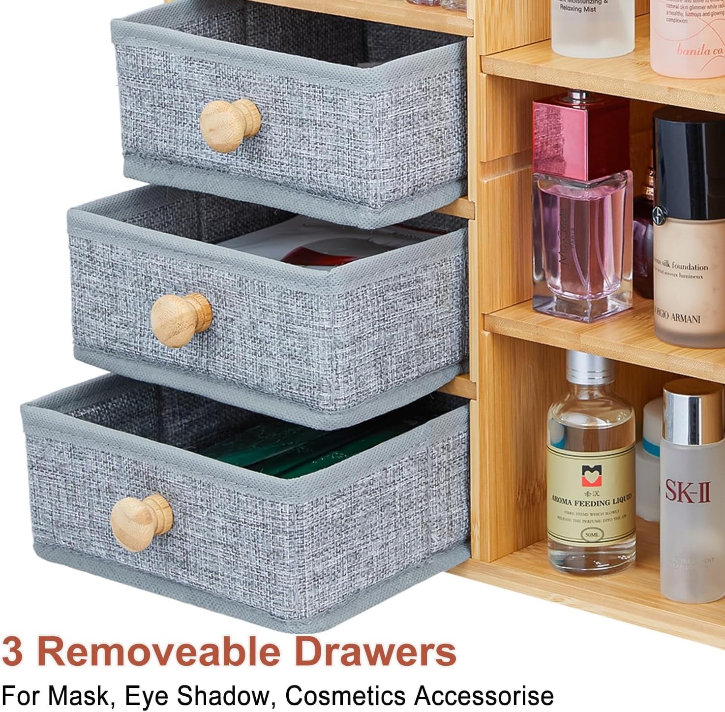 X- Large Bamboo Makeup Organizer for Vanity, 3-Tier Cosmetic Skincare Countertop Storage with 3 Drawers, 3 Brush Hold... - Image 4