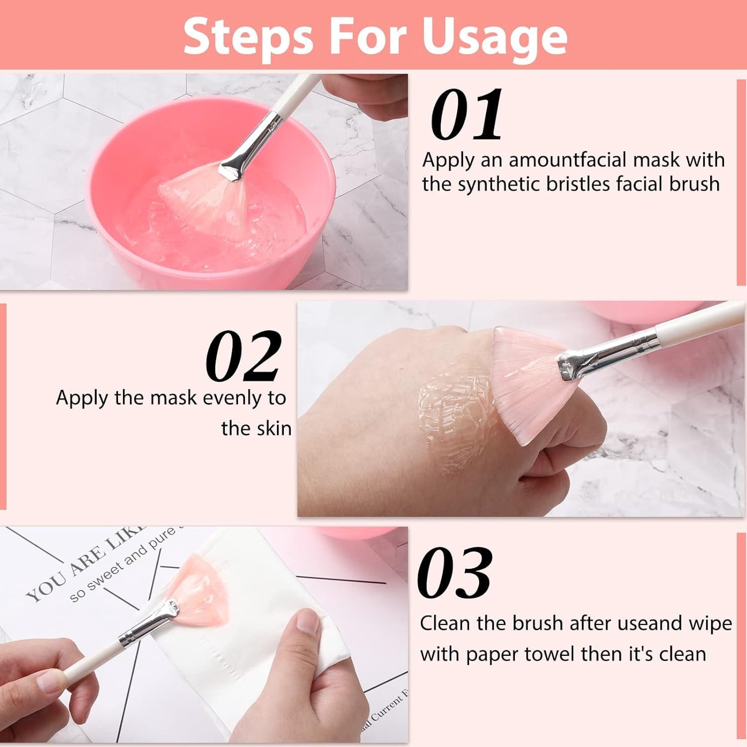 Pink Fan Facial Mask Brushes for Skin Care and Makeup, 14 Pack Professional Cosmetic Applicators for Mud and Clay Masks - Image 3