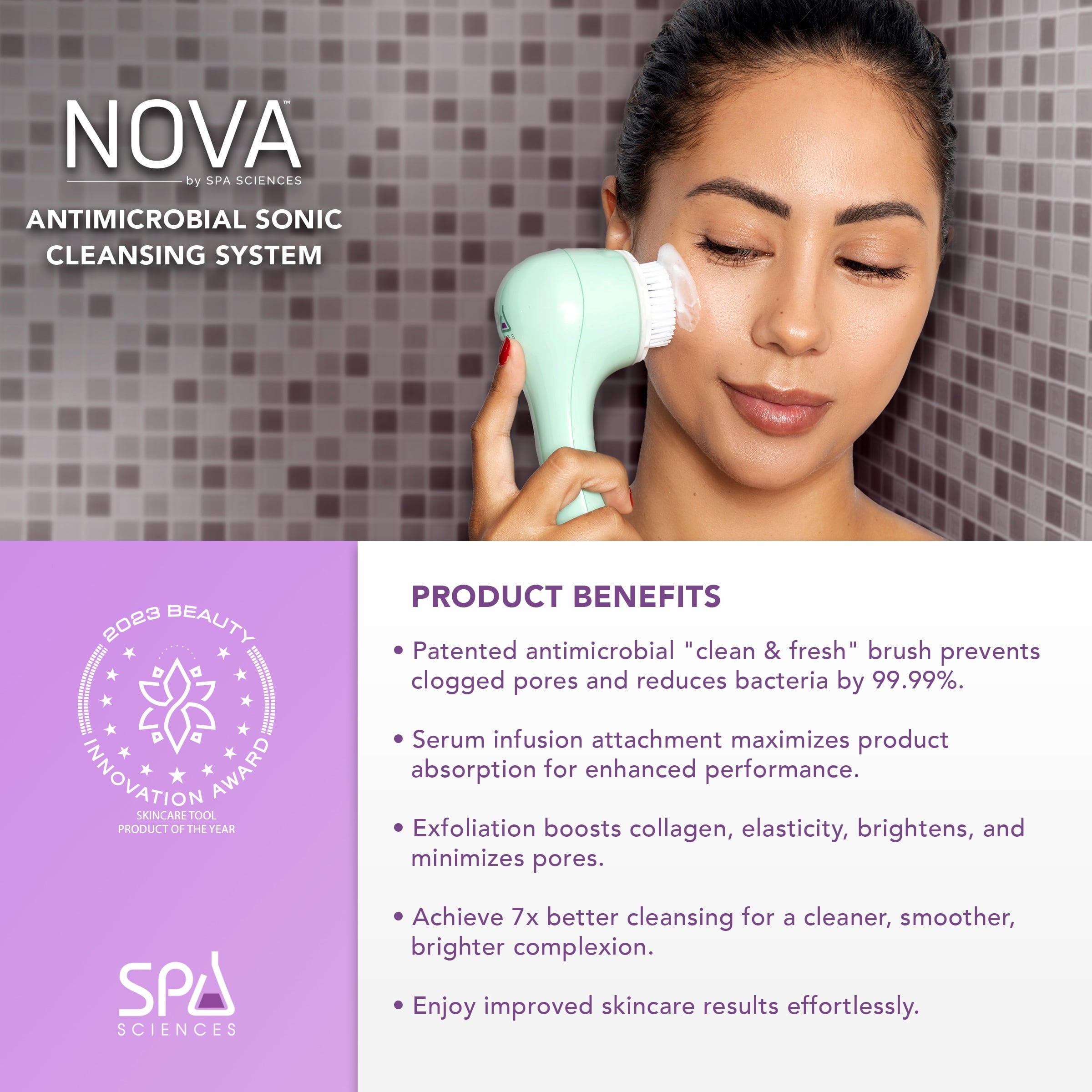 Spa Sciences NOVA Facial Cleansing Brush, Sonic Facial Cleansing for Exfoliation, Includes Antimicrobial Brush, Sensitive Skin Brush, and Se - Image 2