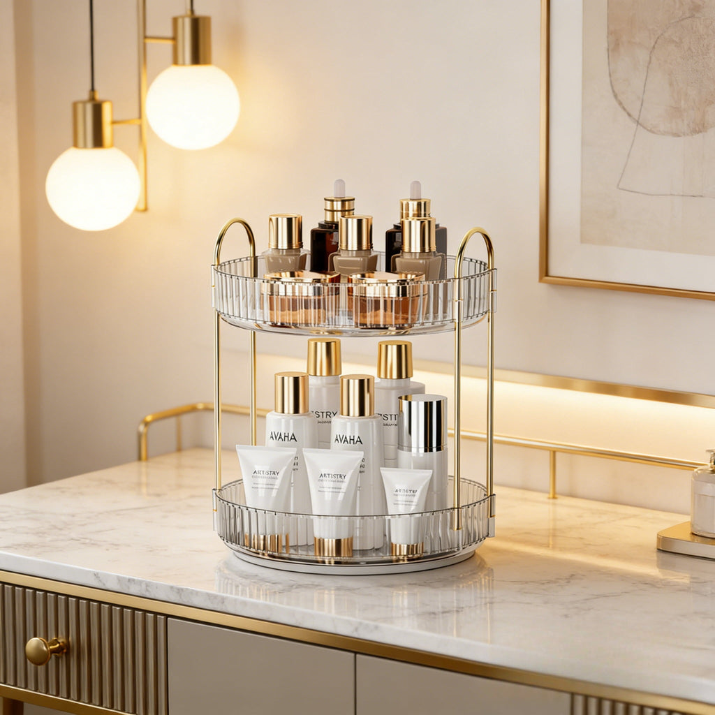 2-Tier Organizer, 360 Spinning Skincare Storage Tray, Clear Acrylic Cosmetic Vanity Tray with Gold Frame, Large Capac... - Image 4