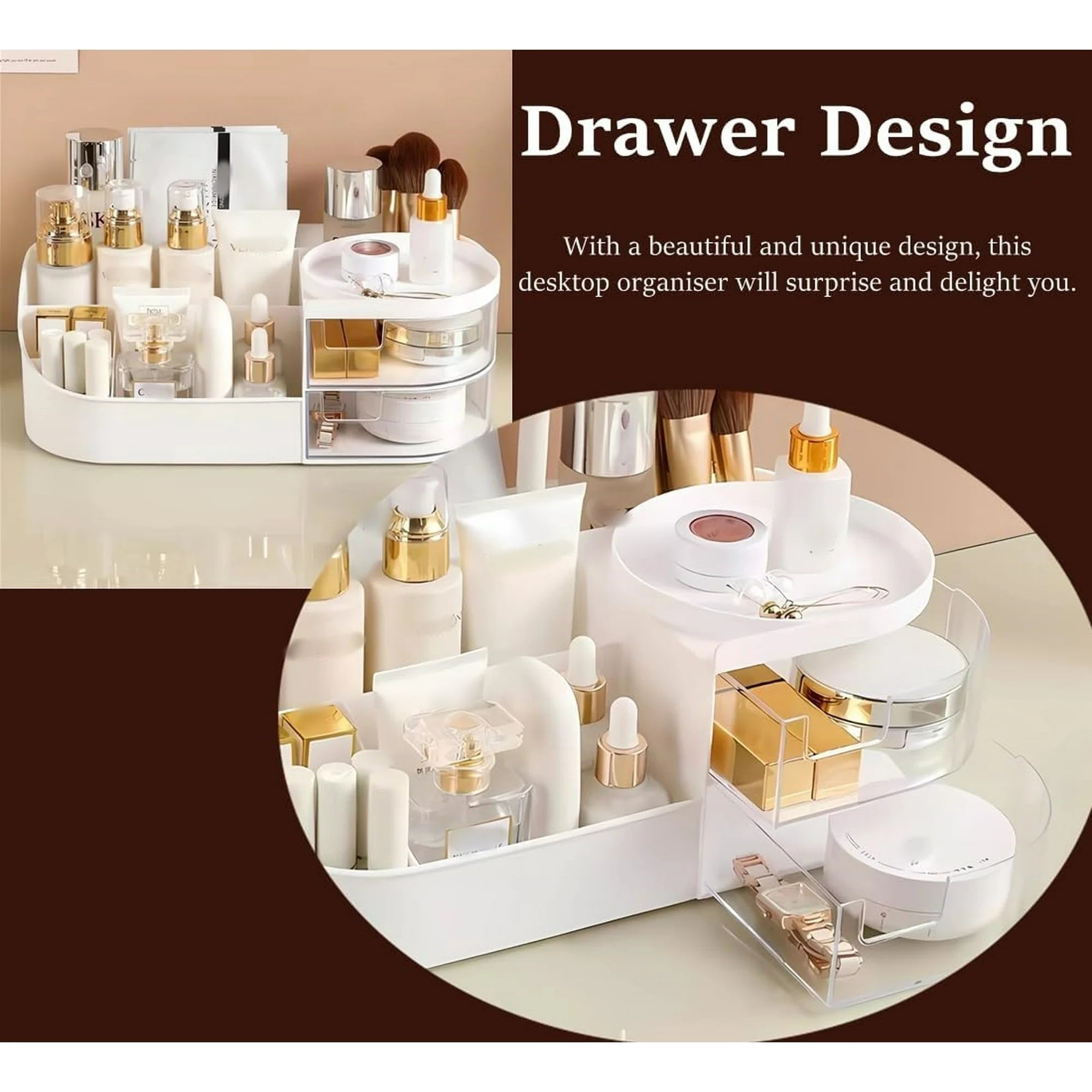 Makeup Organizer Countertop with 2 Drawer,Medium Capacity Skincare Cosmetic Cases for Vanity Bathroom Desktop, Cream ... - Image 3
