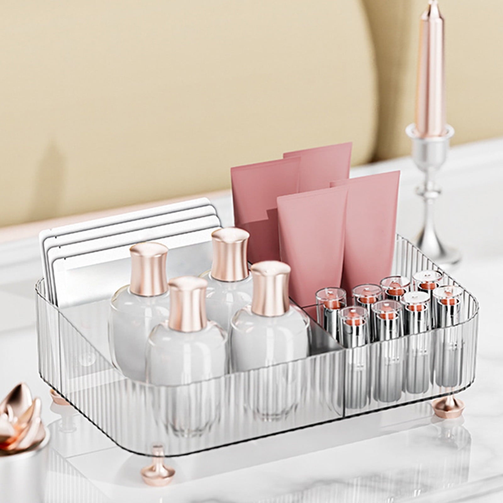 4-Compartment Makeup Organizer Tray, Bathroom Vanity Dresser Tray for Perfume Cosmetics, Clear Plastic Cosmetic Count... - Image 4