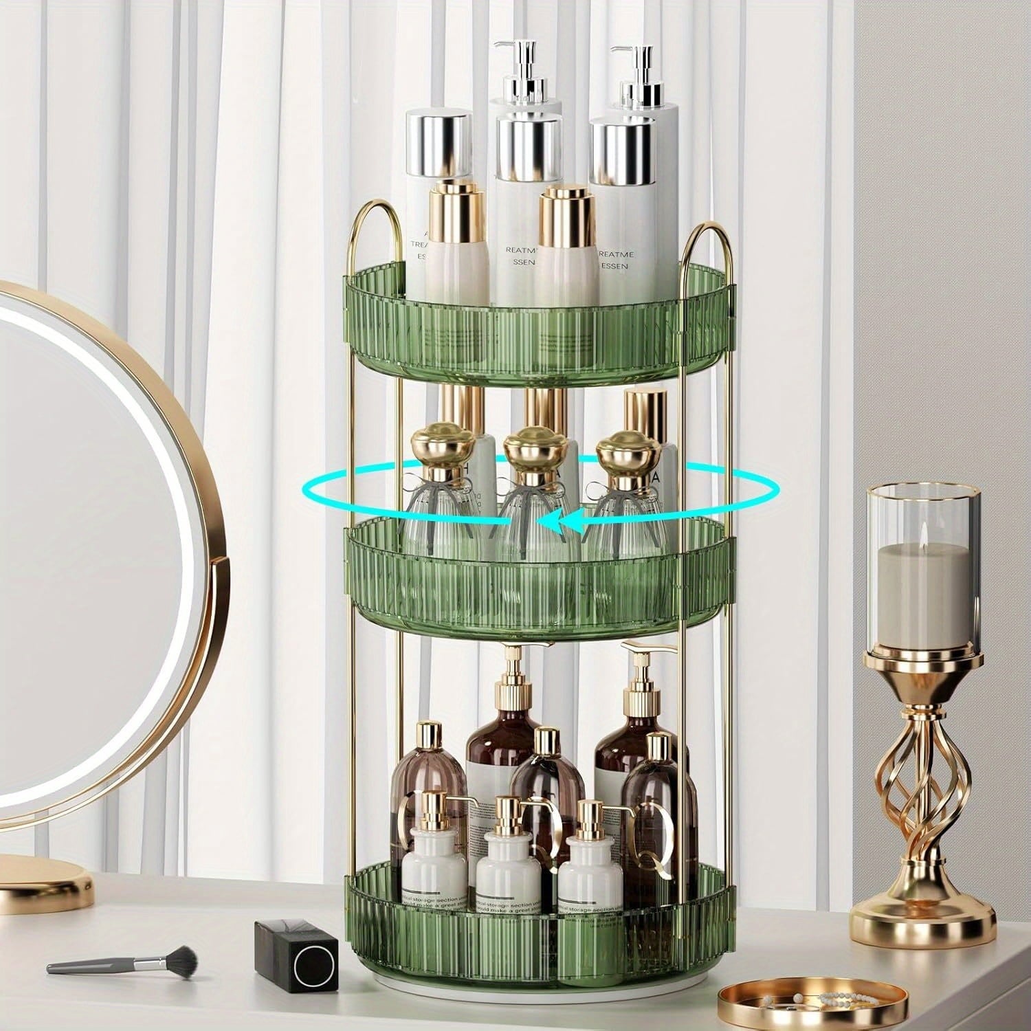 360-Degree Rotating Makeup Storage Unit, 3-Tier Bathroom Countertop Organizer, Spacious Cosmetic Skincare Stand & Rot...