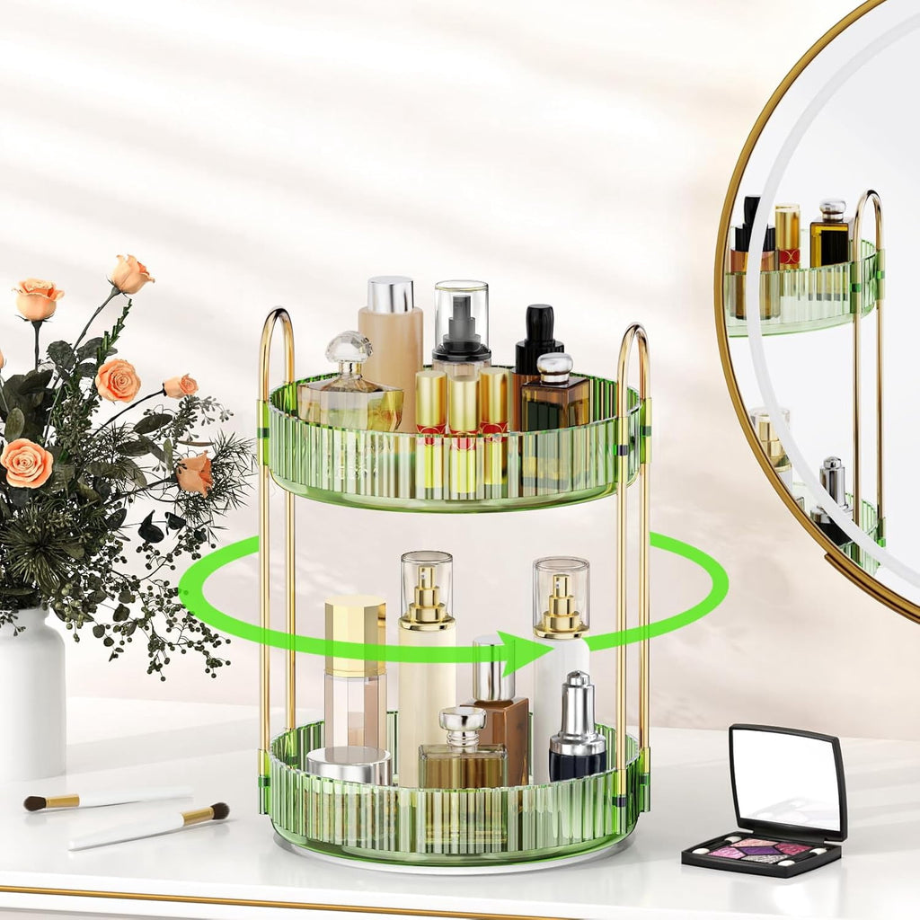 360 Rotating Makeup Organizer for Vanity, 2 Tier Adjustable Perfume Organizer for Dresser, Multi-Function Spinning Co...