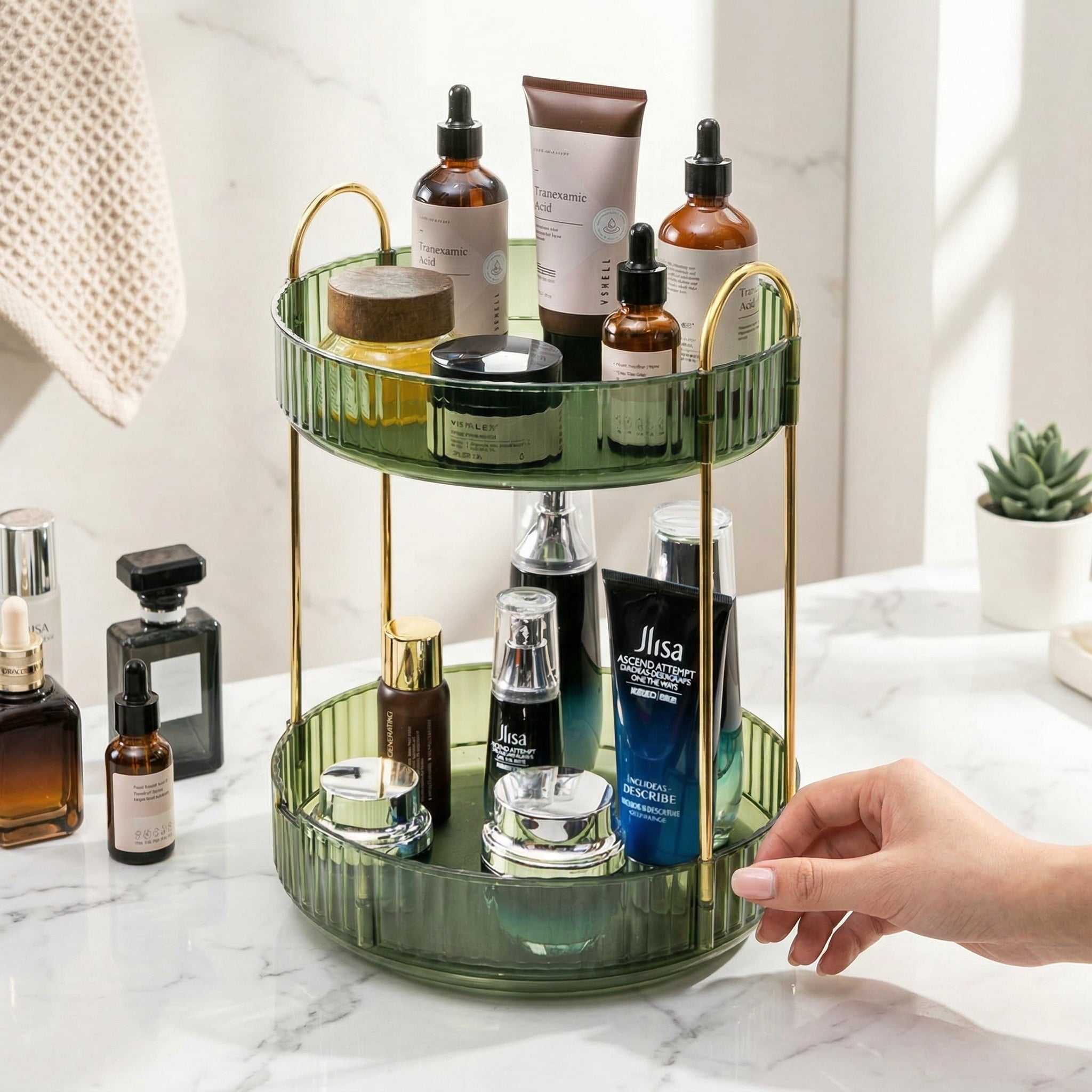 Acrylic Rotating Makeup Organizer 2-tier, Multi-function Lazy Susan Bathroom Counter Organizer, Storage Cosmetic, Skincare, Perfume for Bedr