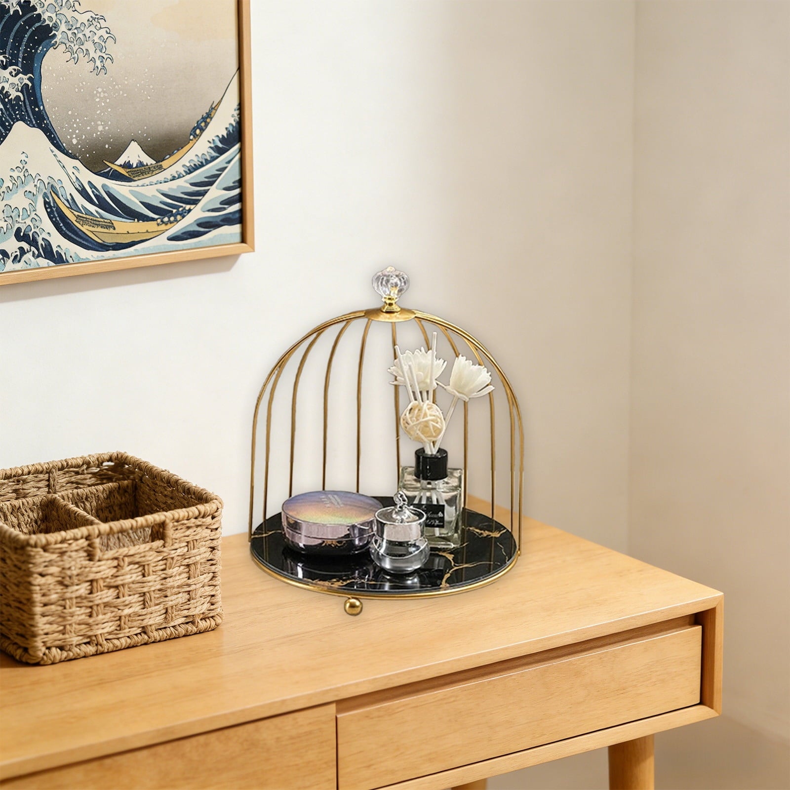 Iron Two Tier Bathroom Cosmetic Organizer for Desktop Lipstick Skincare Rack Cage Inspired Structure with Stones Patt... - Image 6