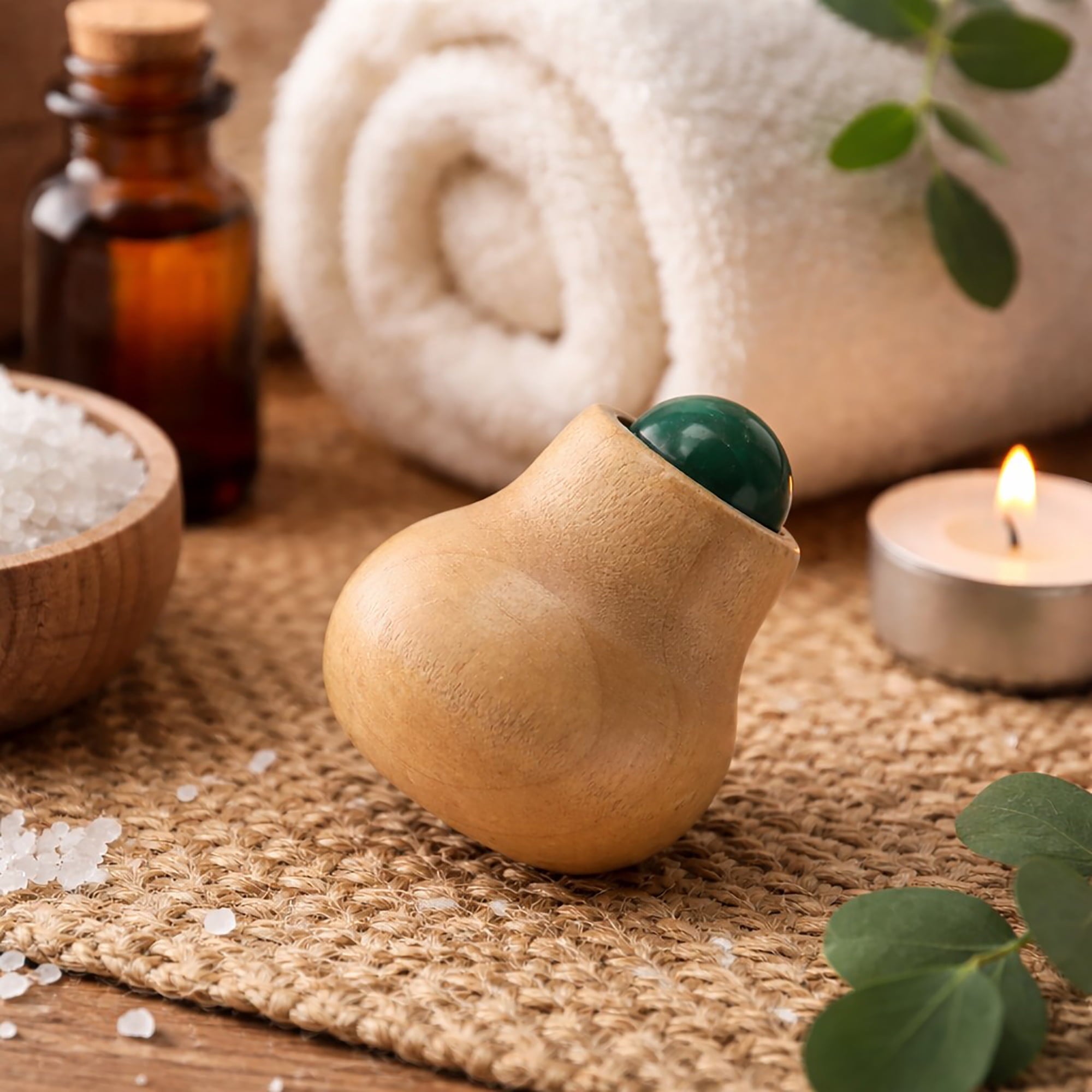 Natural Wooden Face Massage Roller with Green Jade Stone - Image 2