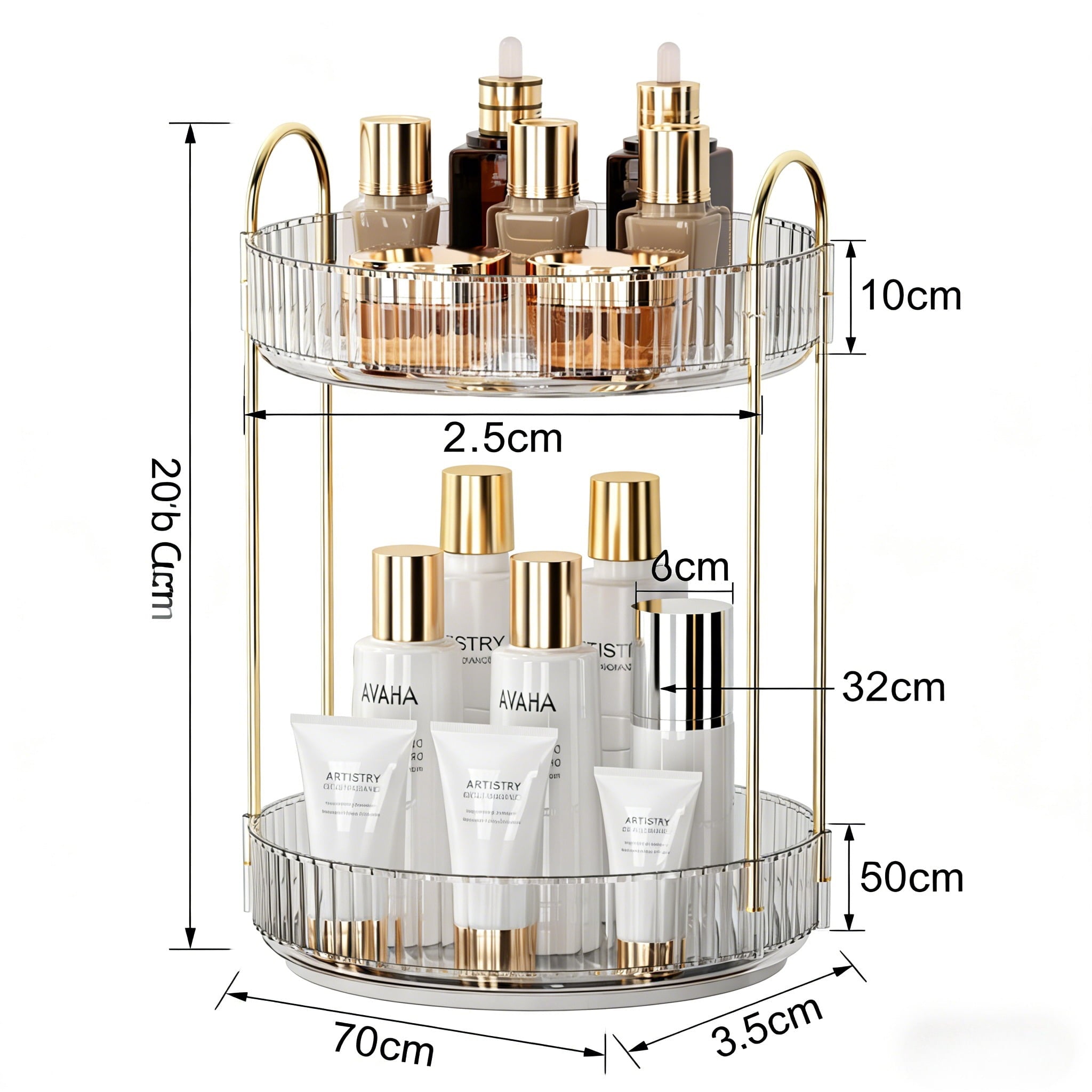 2-Tier Organizer, 360 Spinning Skincare Storage Tray, Clear Acrylic Cosmetic Vanity Tray with Gold Frame, Large Capac... - Image 6